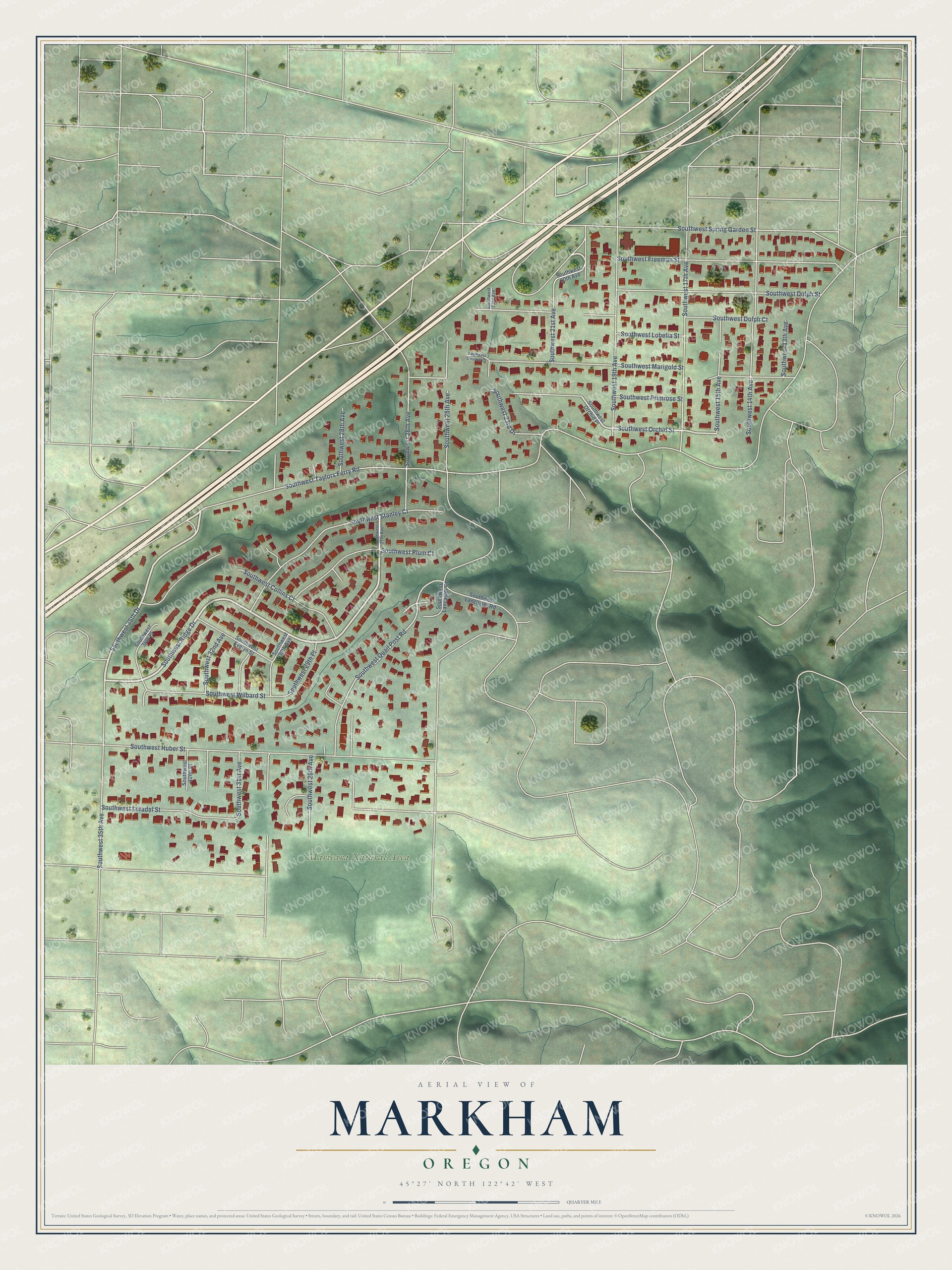 Watermarked full-map preview of Markham, Oregon