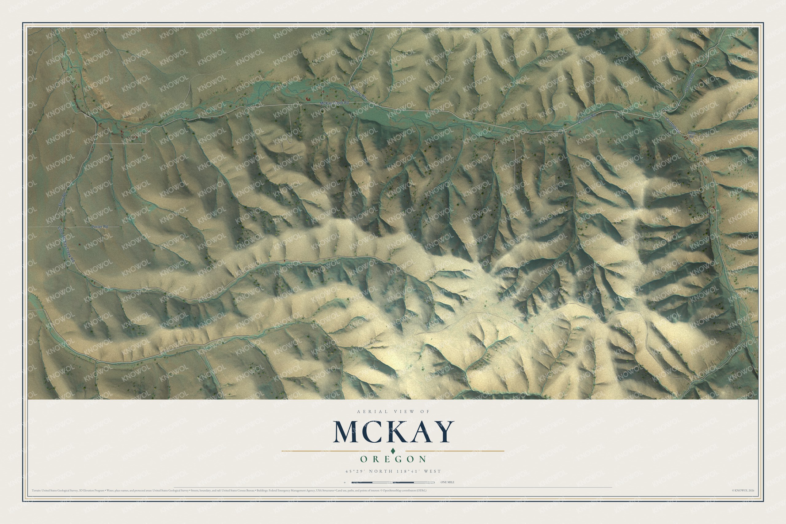 Full map of McKay, Oregon, with red buildings, printed street names and the land around them