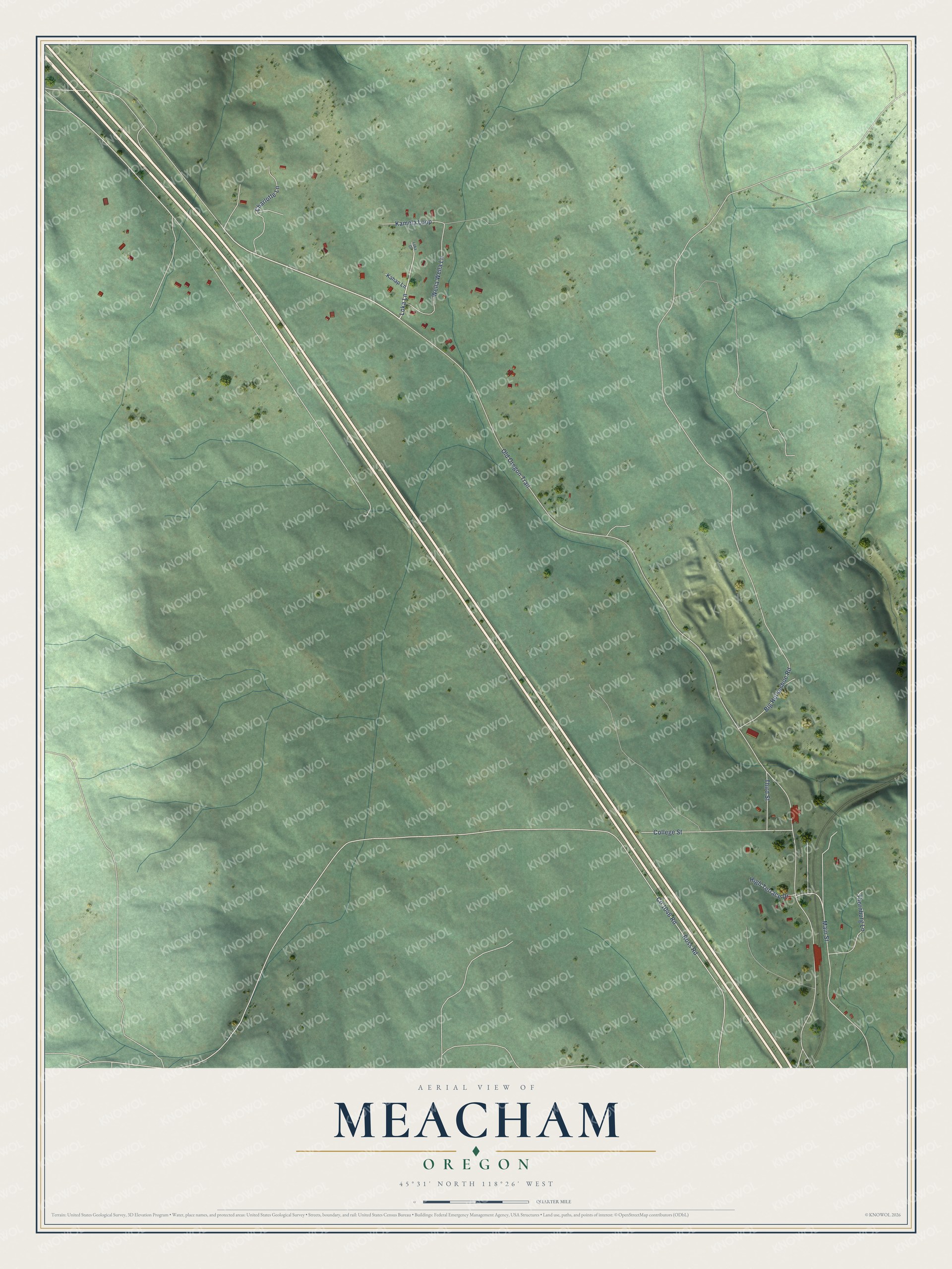 Full map of Meacham, Oregon, with red buildings, printed street names and the land around them