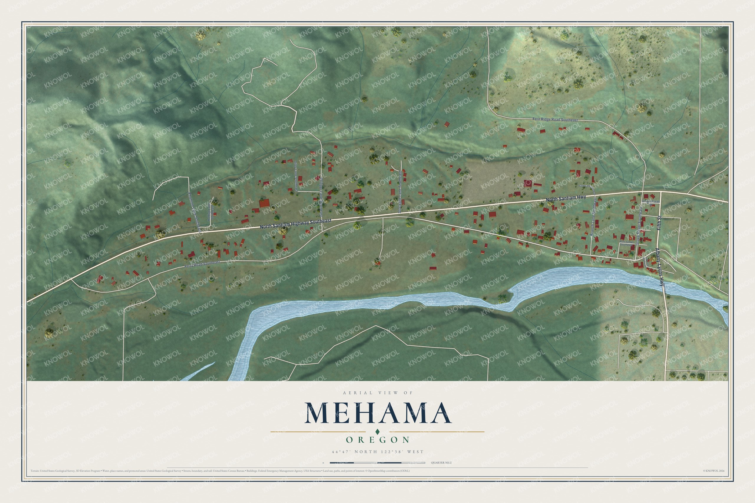 Full map of Mehama, Oregon, with red buildings, printed street names and the land around them
