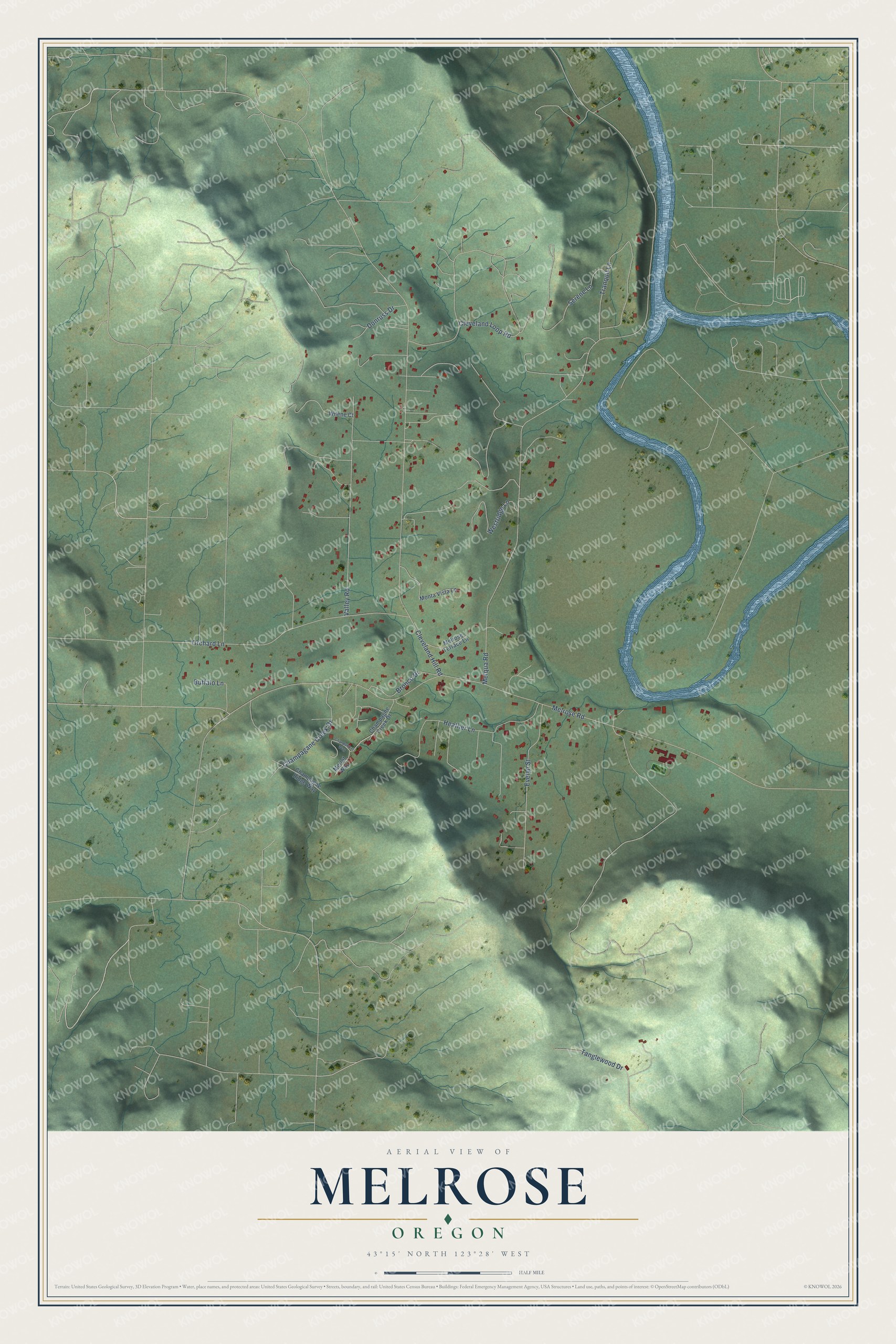Full map of Melrose, Oregon, with red buildings, printed street names and the land around them