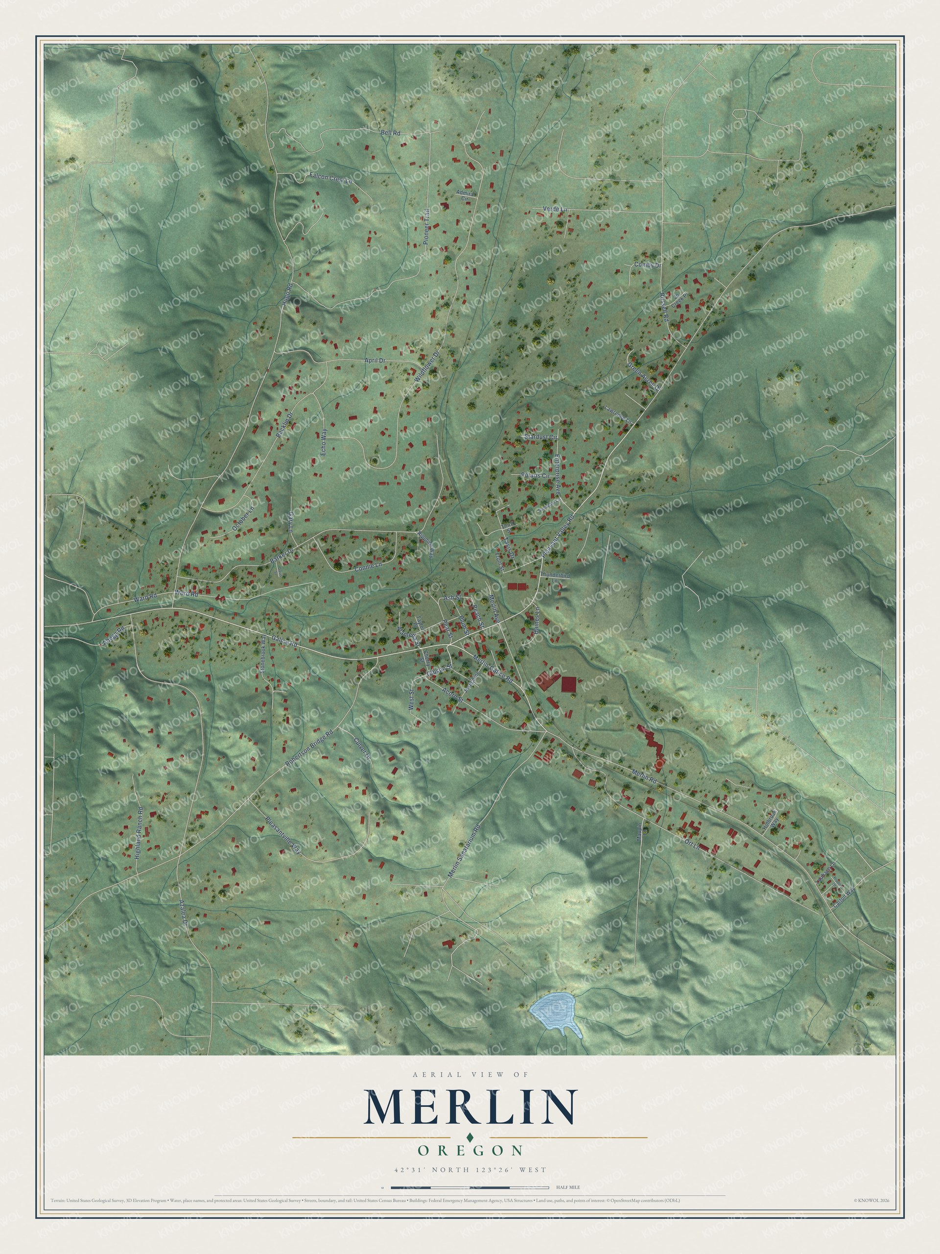 Full map of Merlin, Oregon, with red buildings, printed street names and the land around them