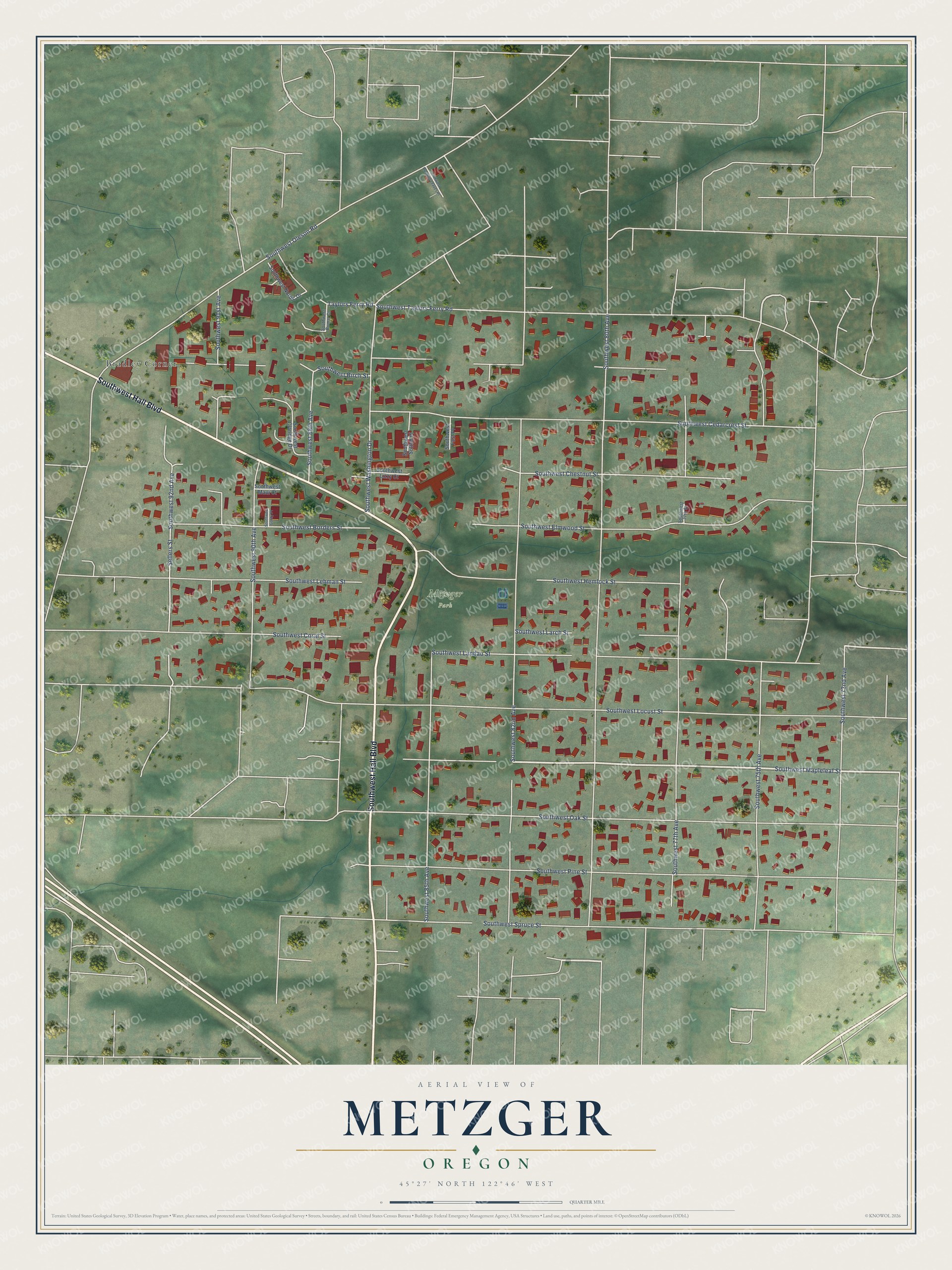 Full map of Metzger, Oregon, with red buildings, printed street names and the land around them