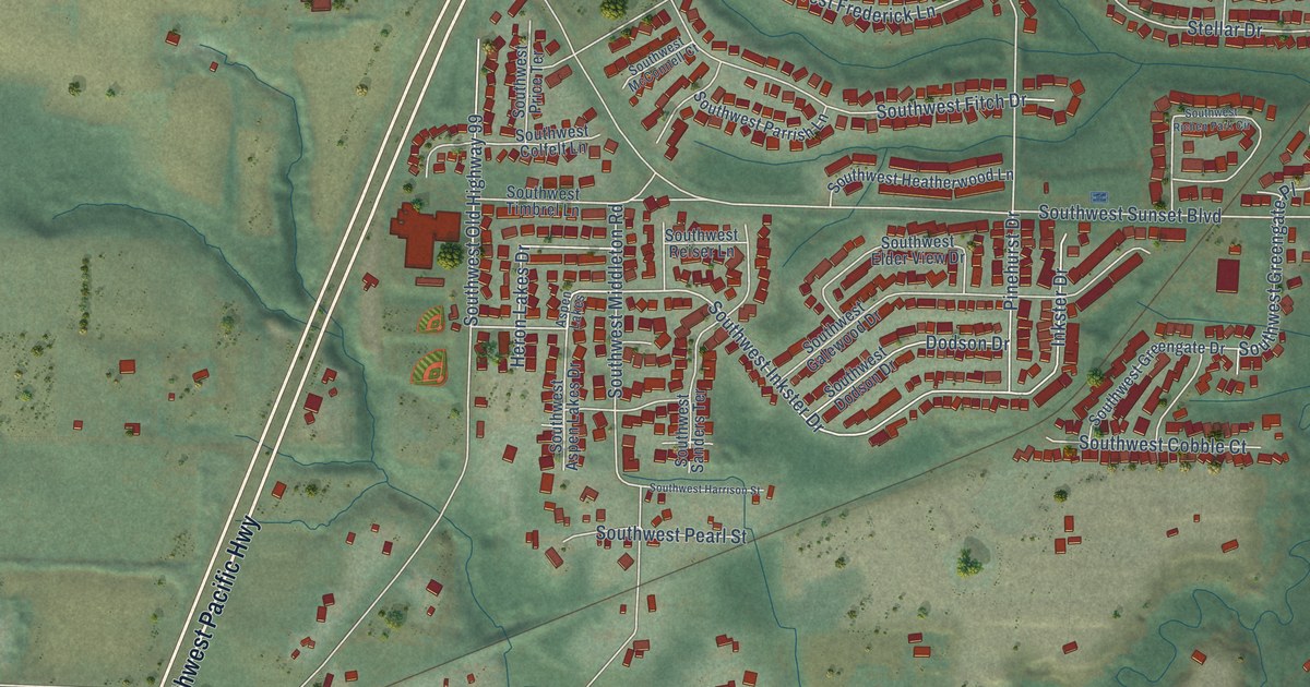 Close-up of streets and buildings in Middleton, Oregon