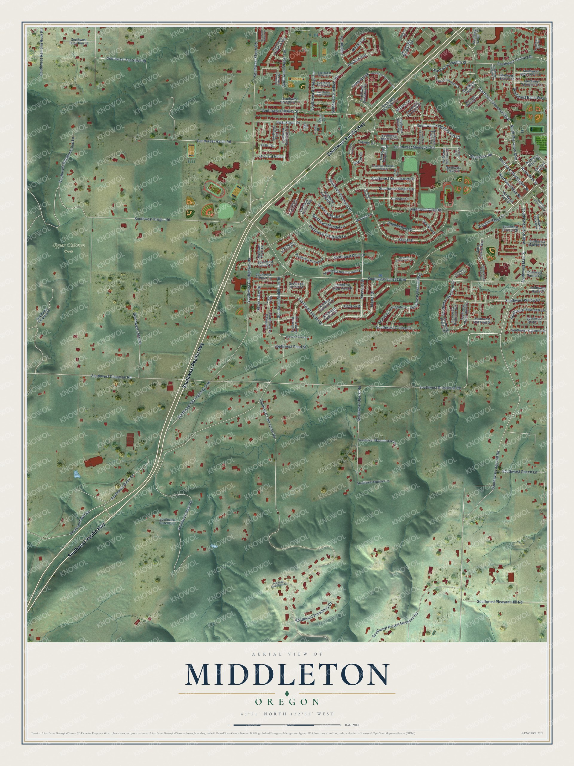 Full map of Middleton, Oregon, with red buildings, printed street names and the land around them