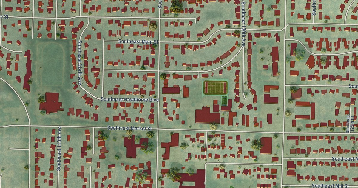 Close-up of streets and buildings in Mill Park, Oregon