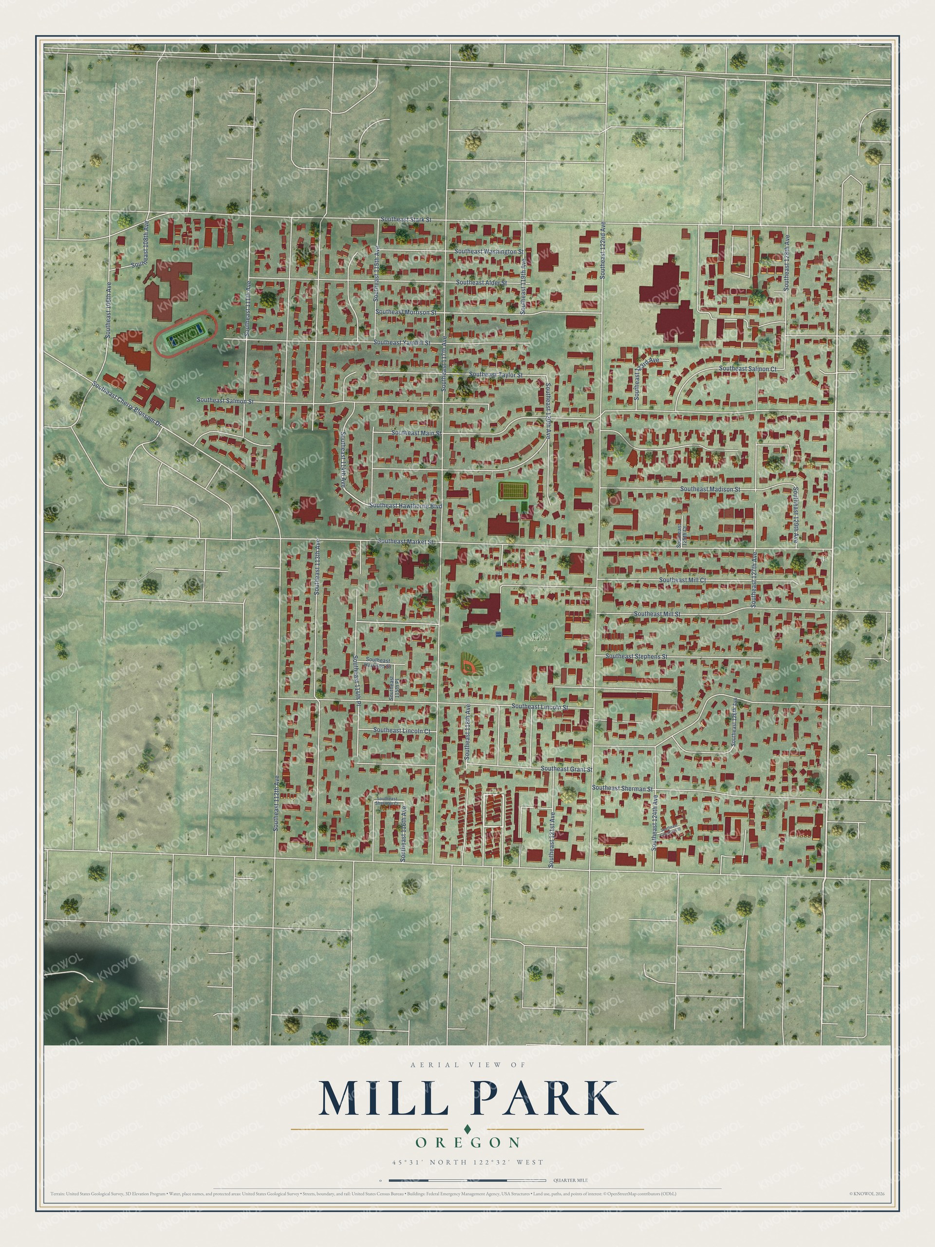 Full map of Mill Park, Oregon, with red buildings, printed street names and the land around them