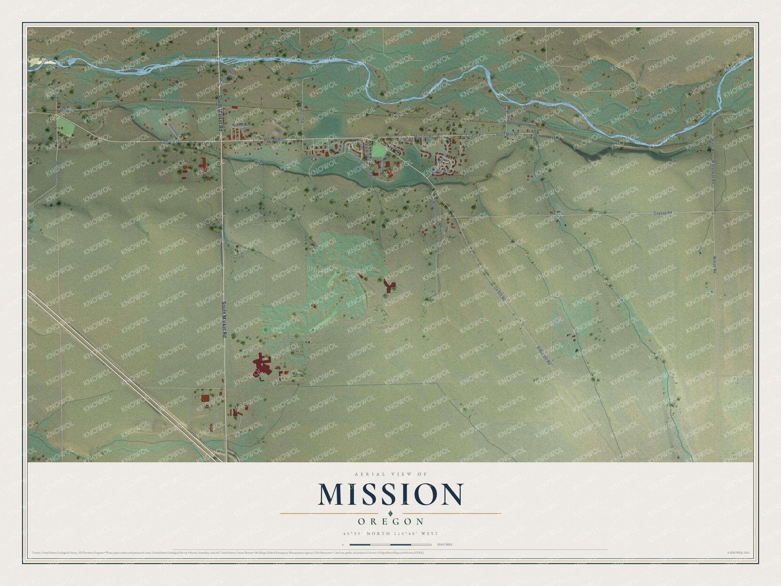 Full map of Mission, Oregon, with red buildings, printed street names and the land around them