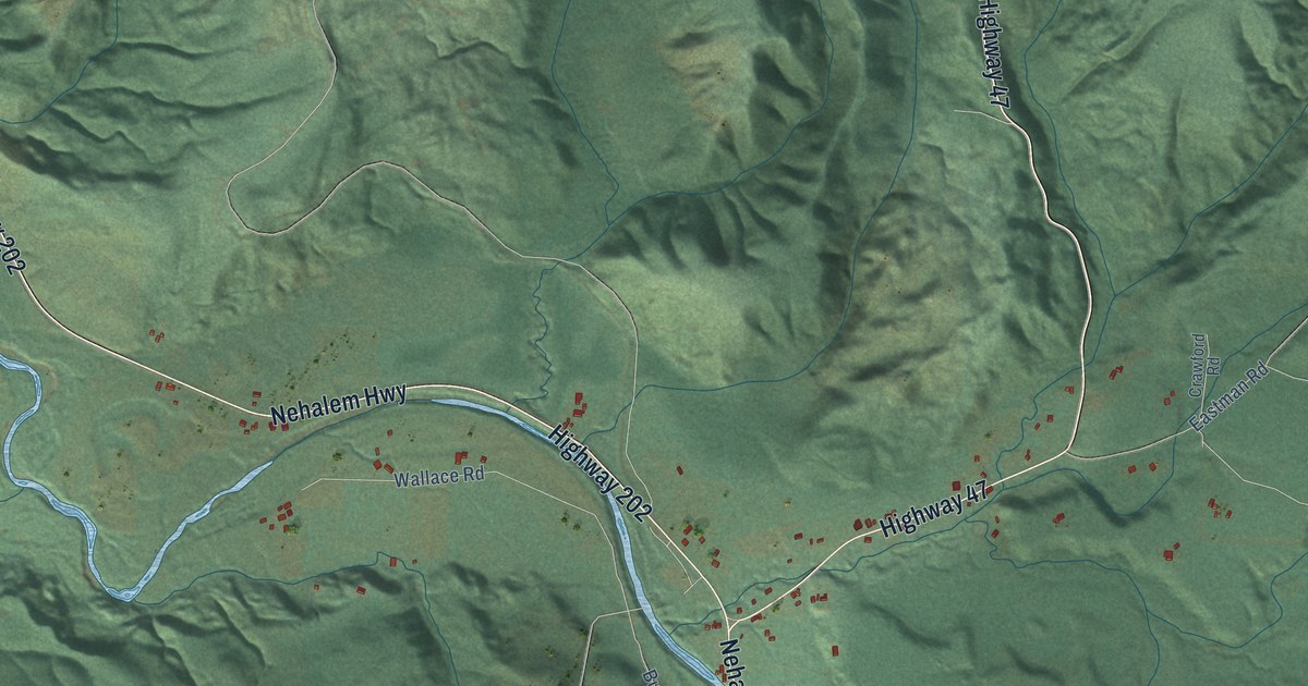 Close-up of streets and buildings in Mist, Oregon