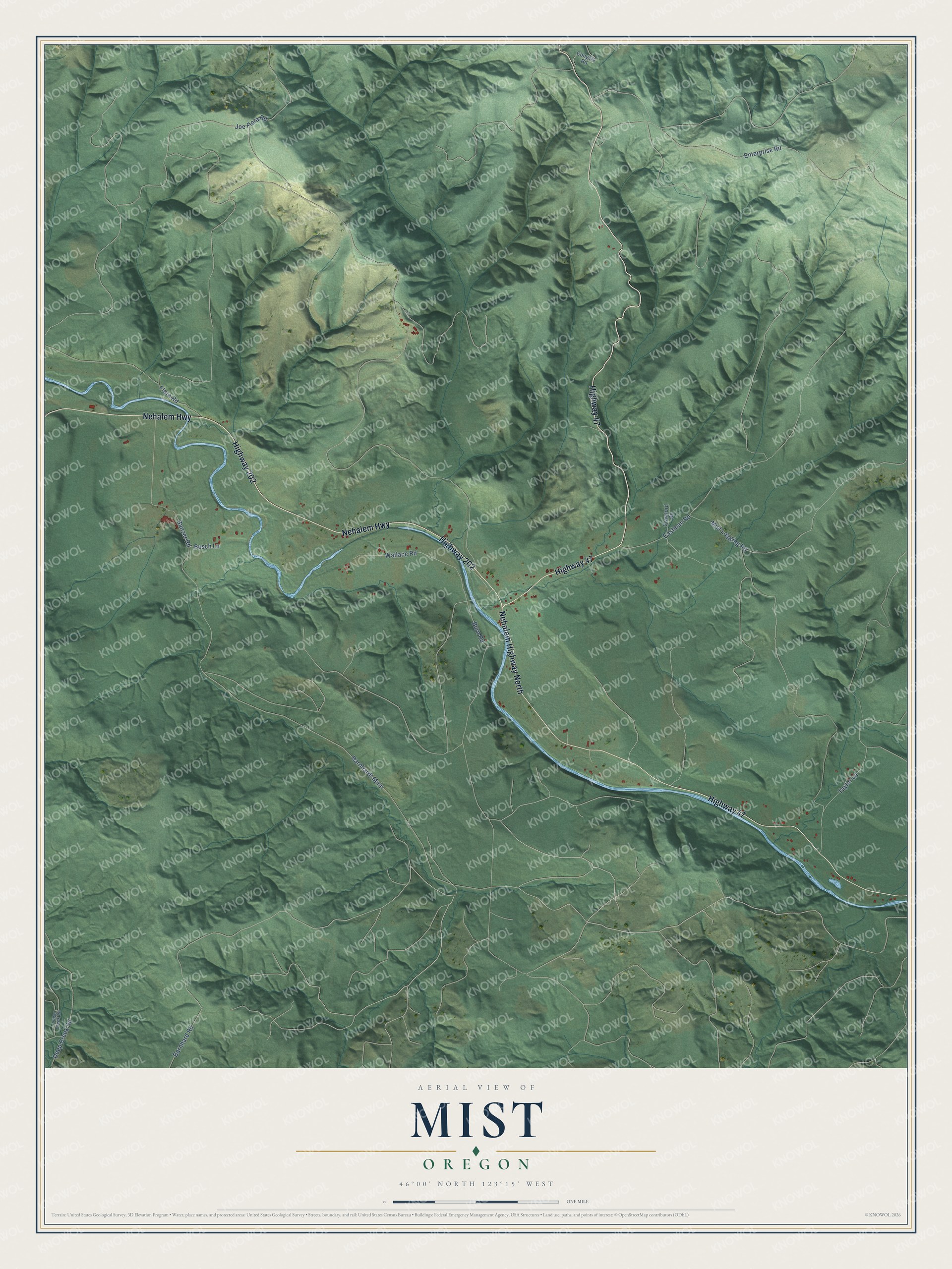Full map of Mist, Oregon, with red buildings, printed street names and the land around them