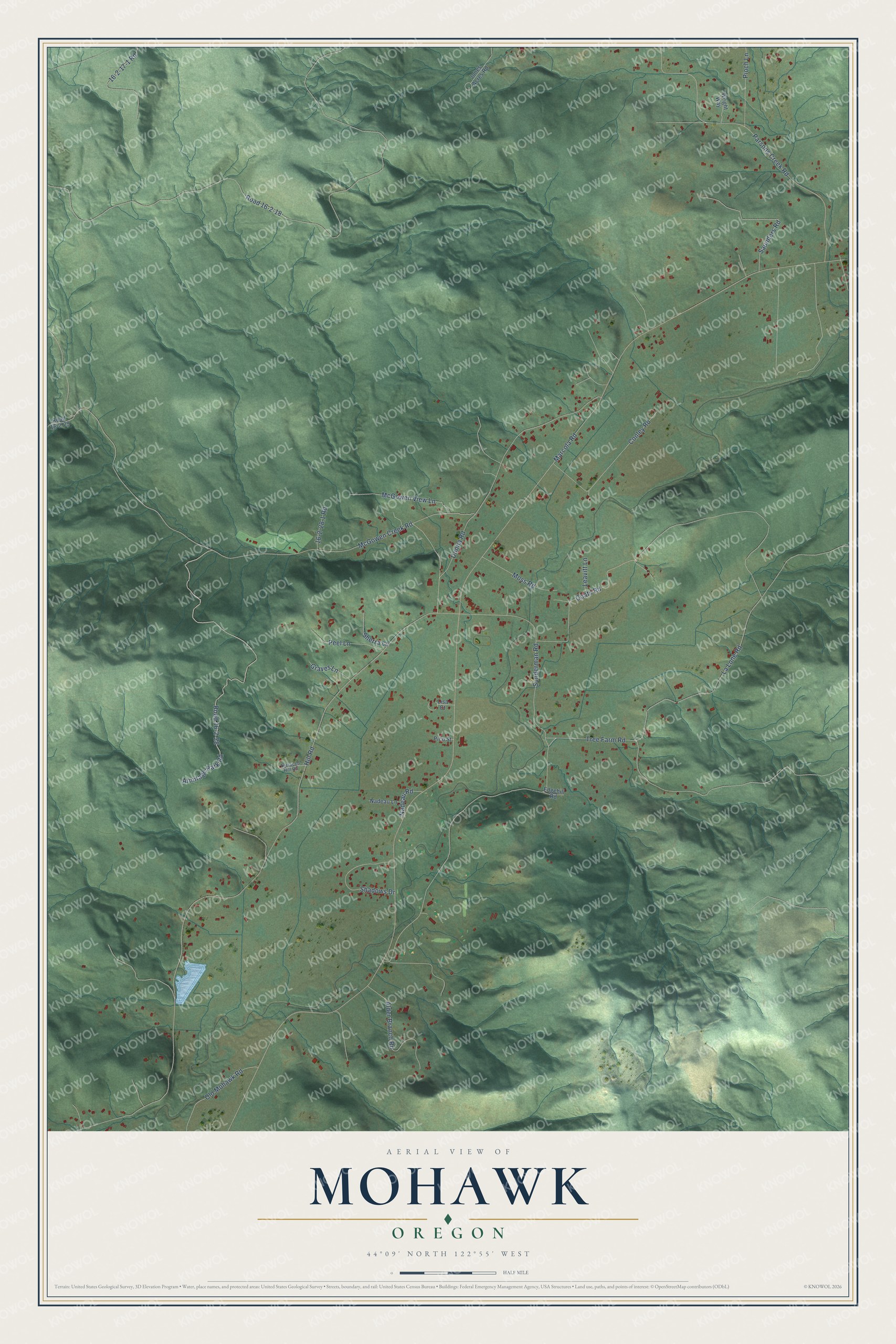 Full map of Mohawk, Oregon, with red buildings, printed street names and the land around them