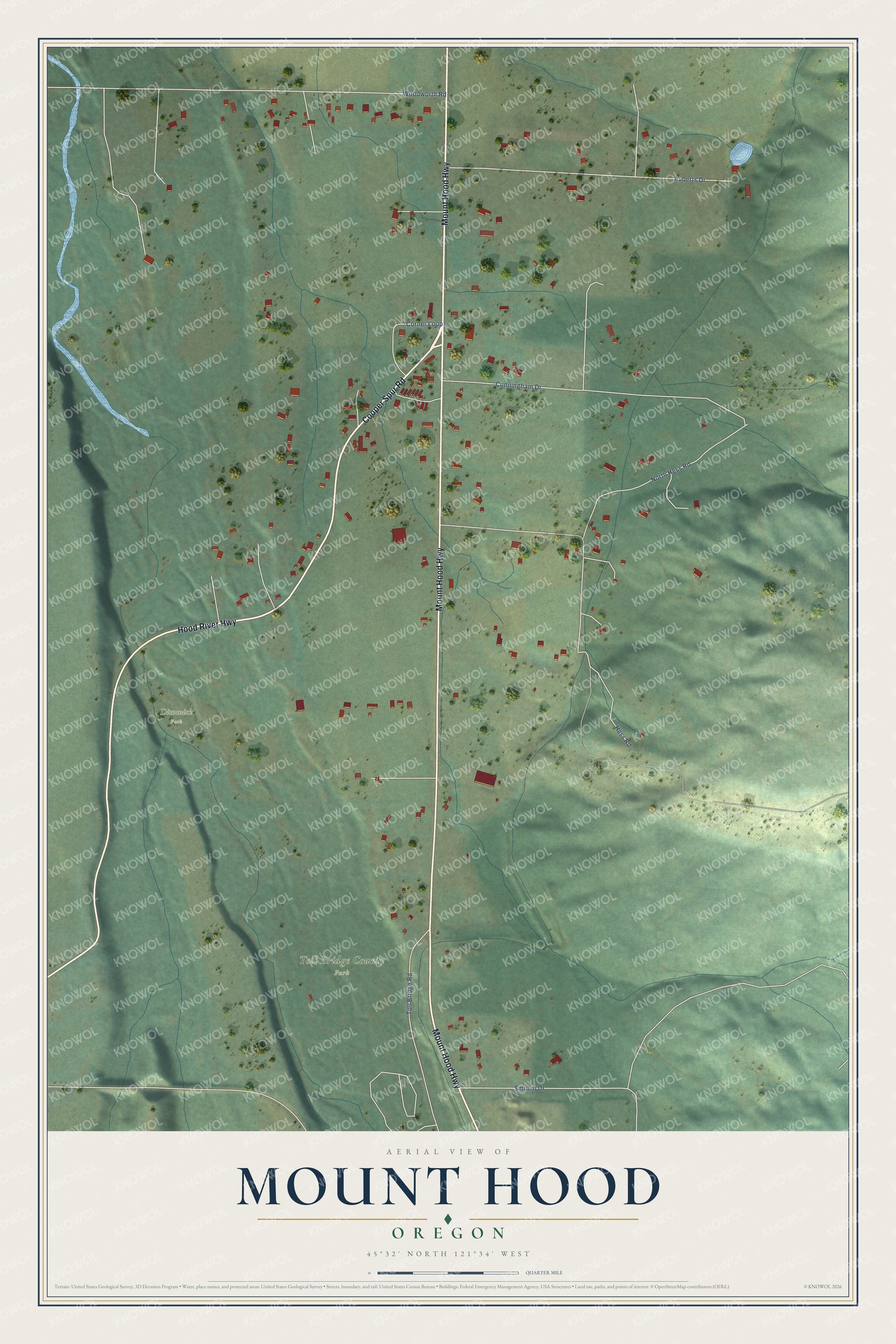 Full map of Mount Hood, Oregon, with red buildings, printed street names and the land around them