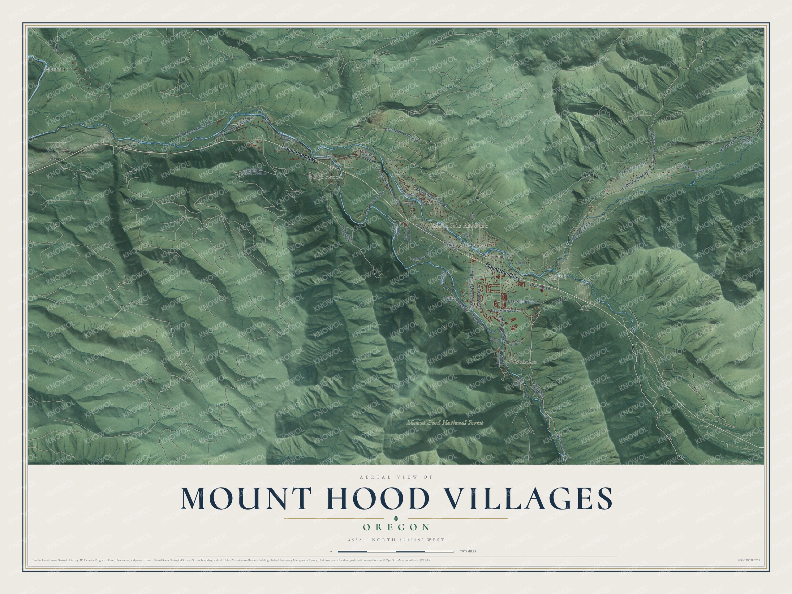 Full map of Mount Hood Villages, Oregon, with red buildings, printed street names and the land around them