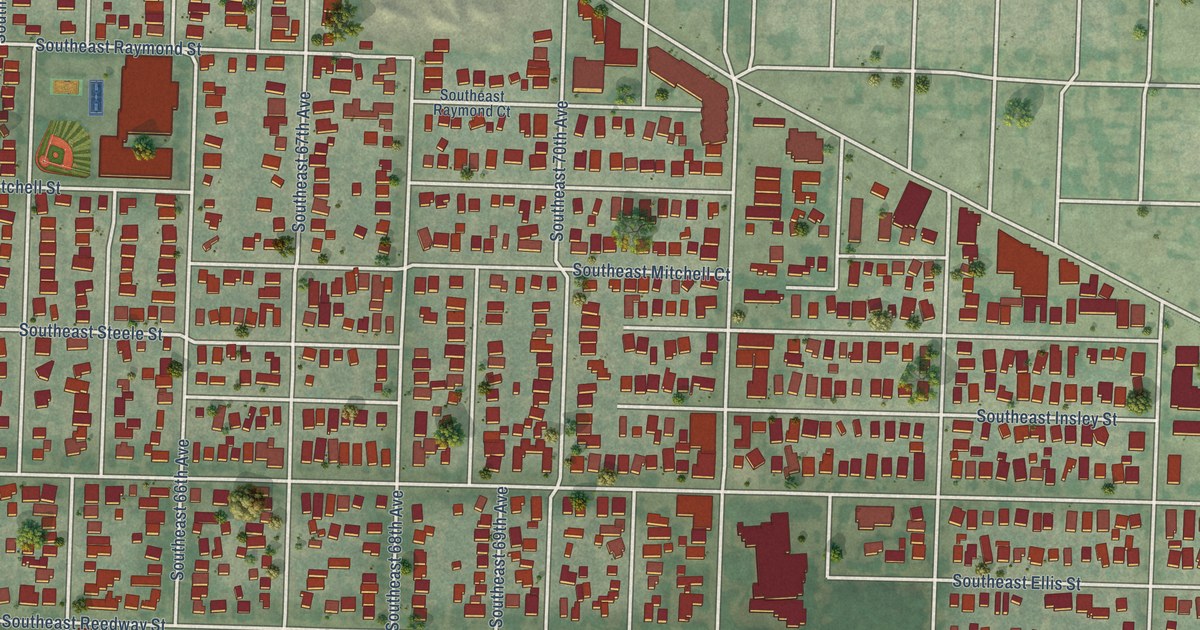 Close-up of streets and buildings in Mount Scott-Arleta, Oregon