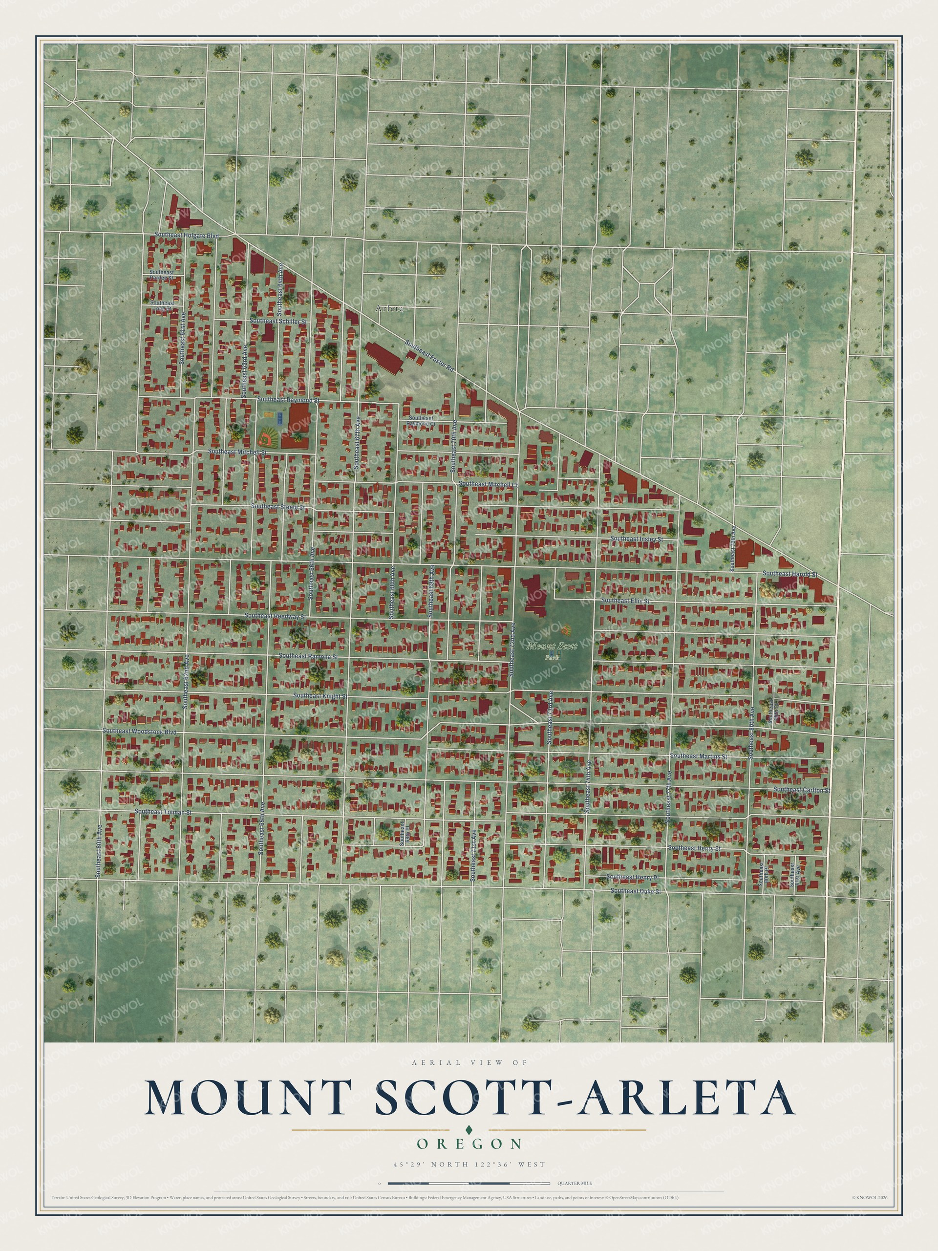 Full map of Mount Scott-Arleta, Oregon, with red buildings, printed street names and the land around them