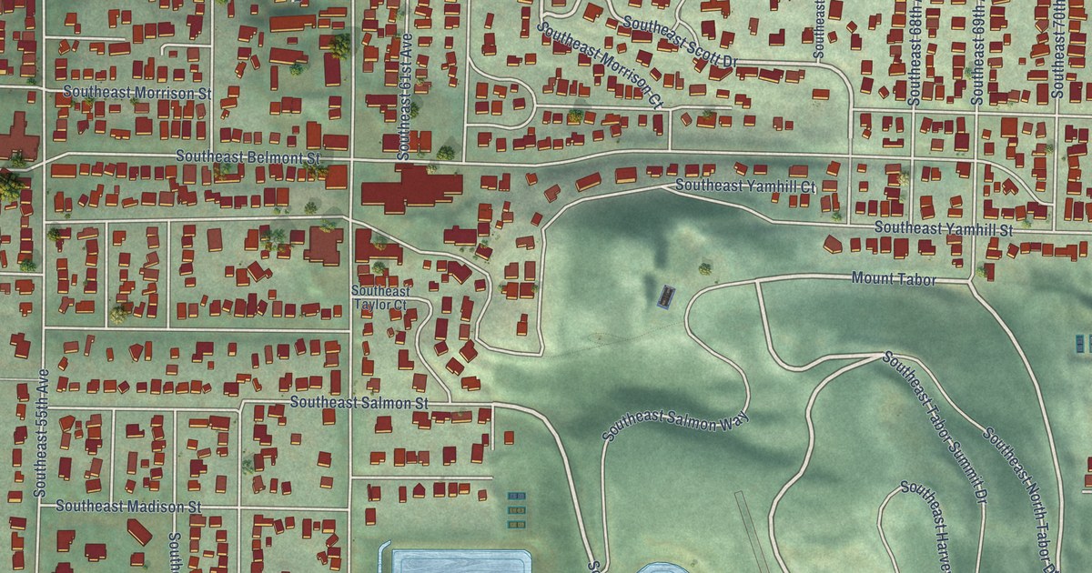 Close-up of streets and buildings in Mount Tabor, Oregon