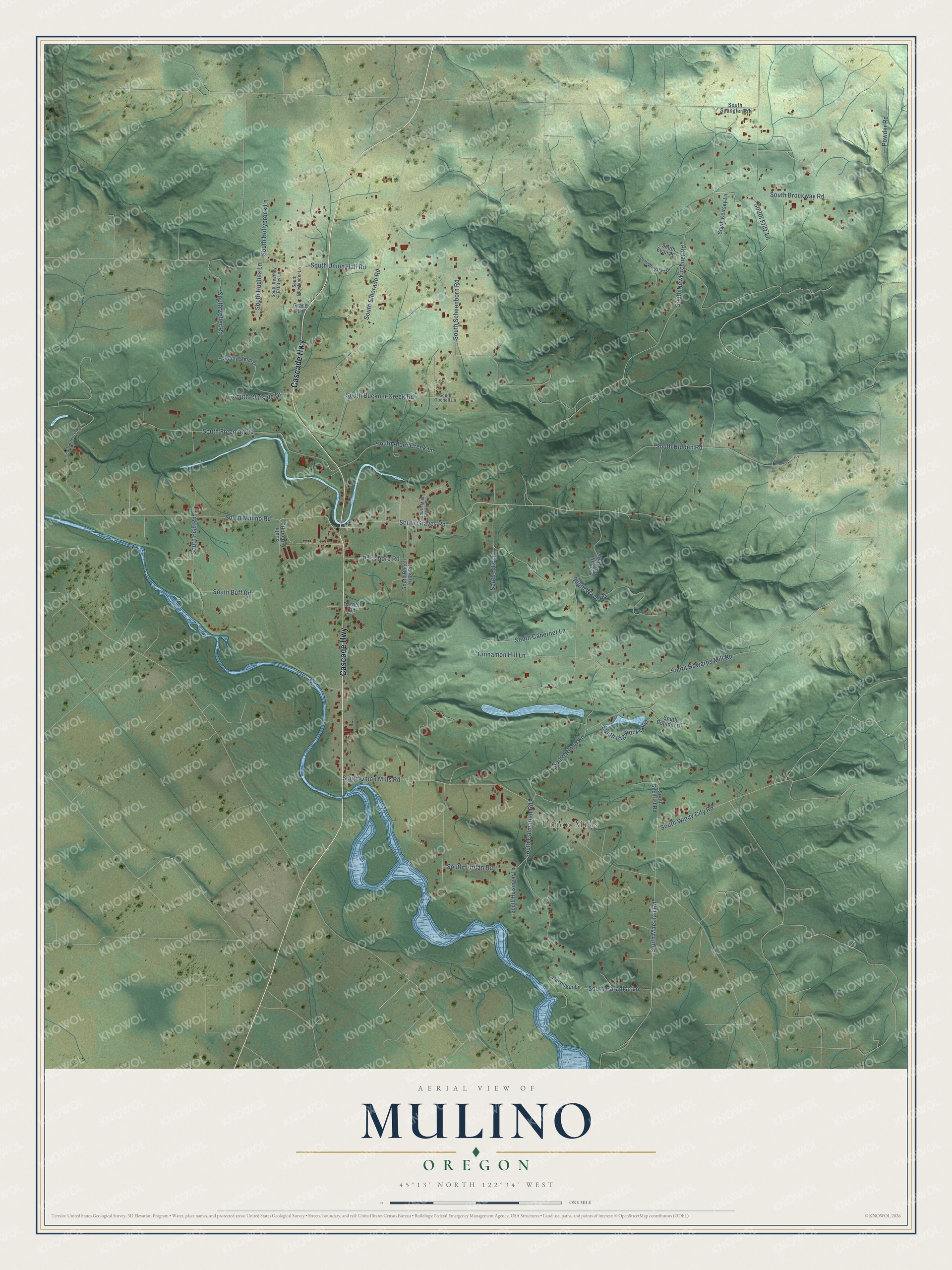 Full map of Mulino, Oregon, with red buildings, printed street names and the land around them