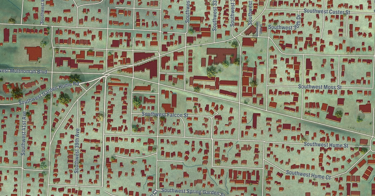 Close-up of streets and buildings in Multnomah, Oregon