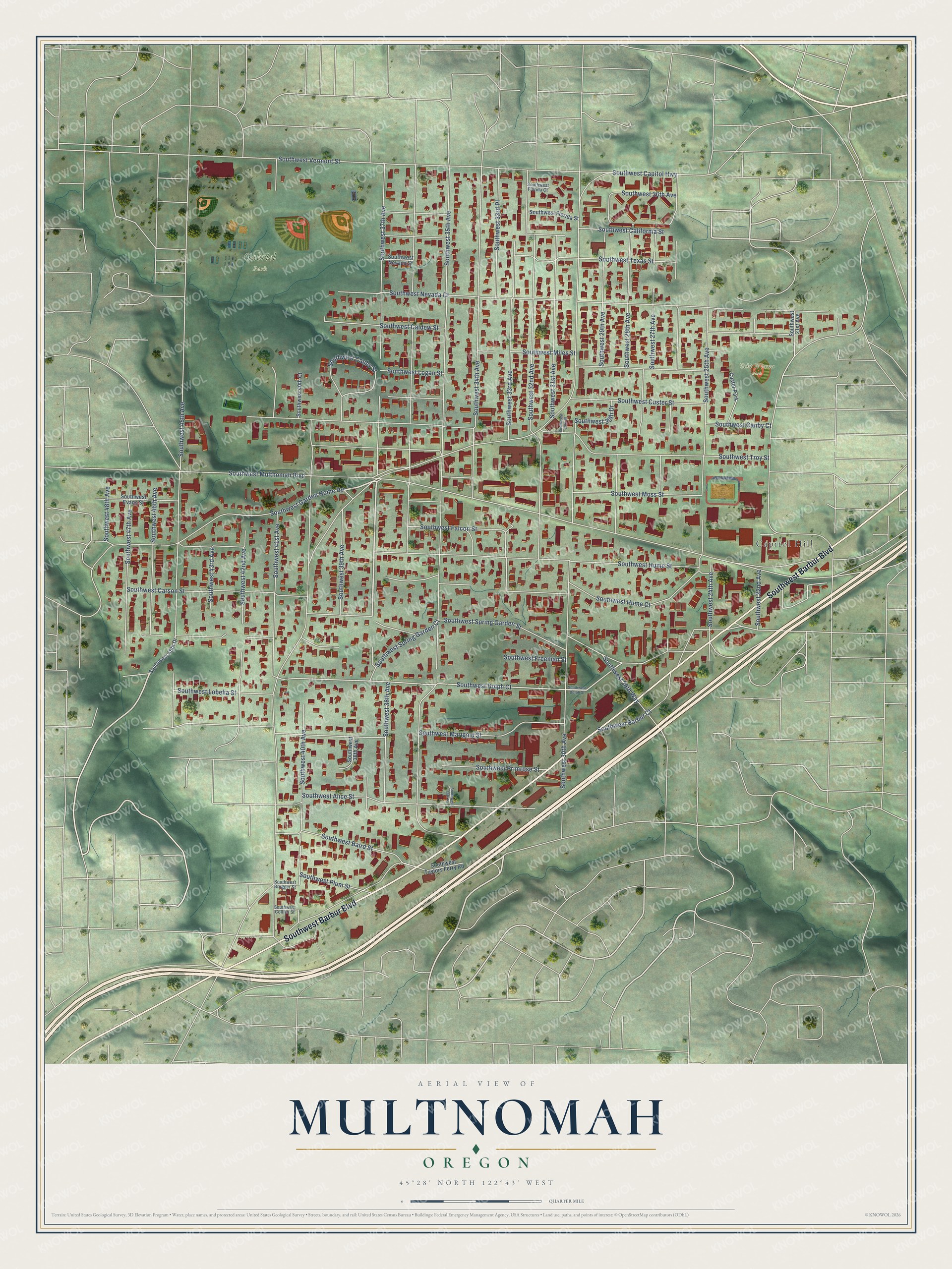 Full map of Multnomah, Oregon, with red buildings, printed street names and the land around them