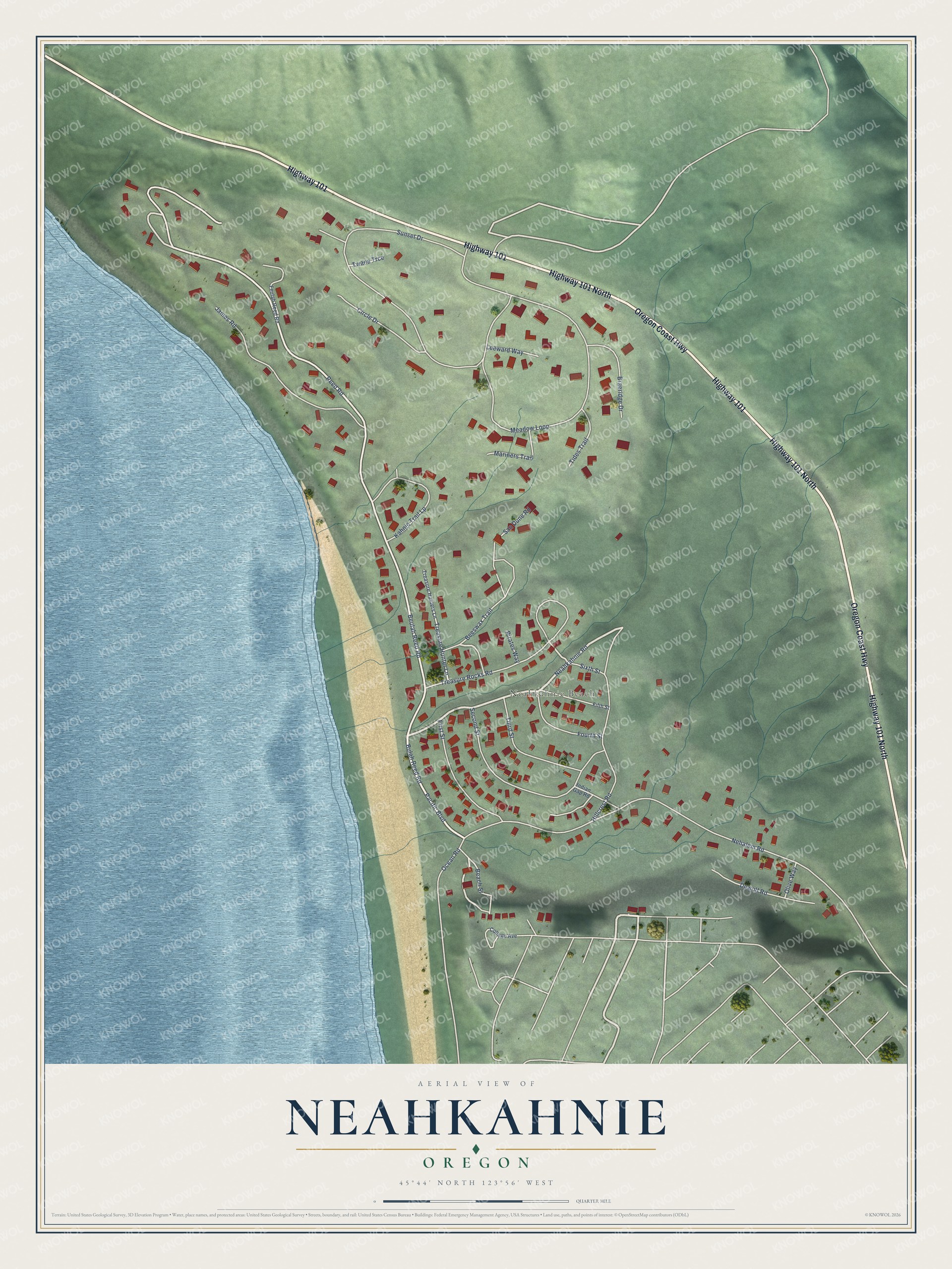 Full map of Neahkahnie, Oregon, with red buildings, printed street names and the land around them