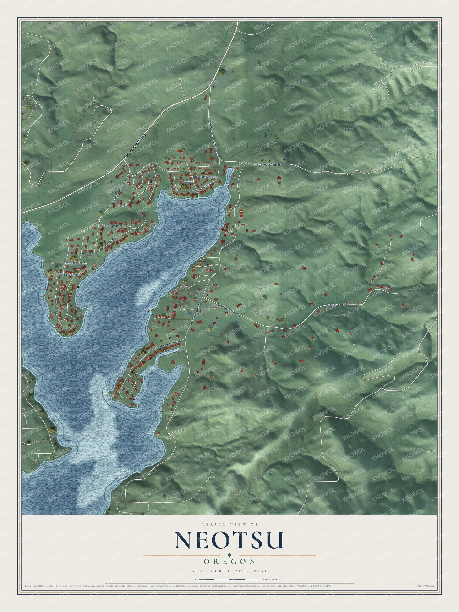 Full map of Neotsu, Oregon, with red buildings, printed street names and the land around them