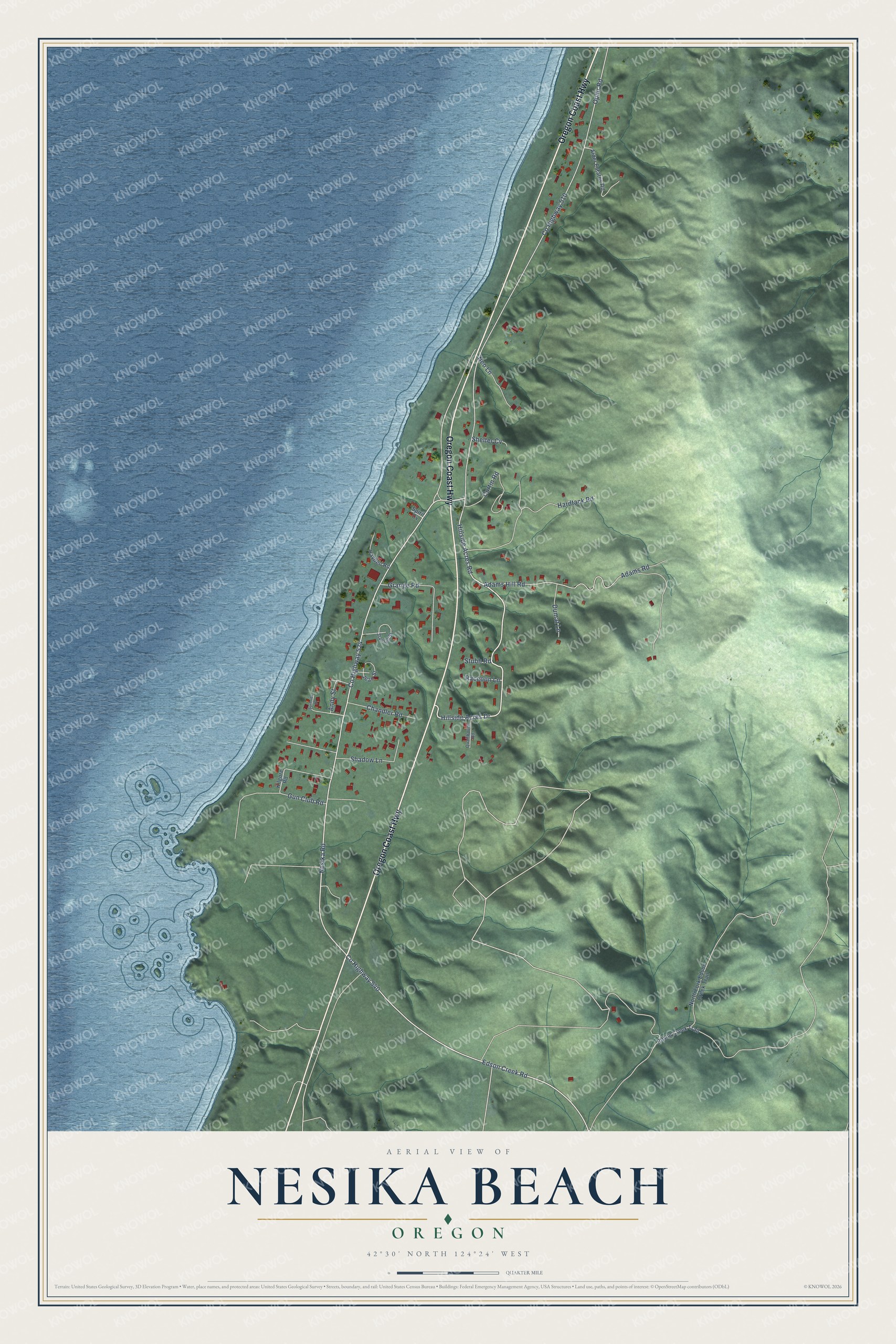 Full map of Nesika Beach, Oregon, with red buildings, printed street names and the land around them