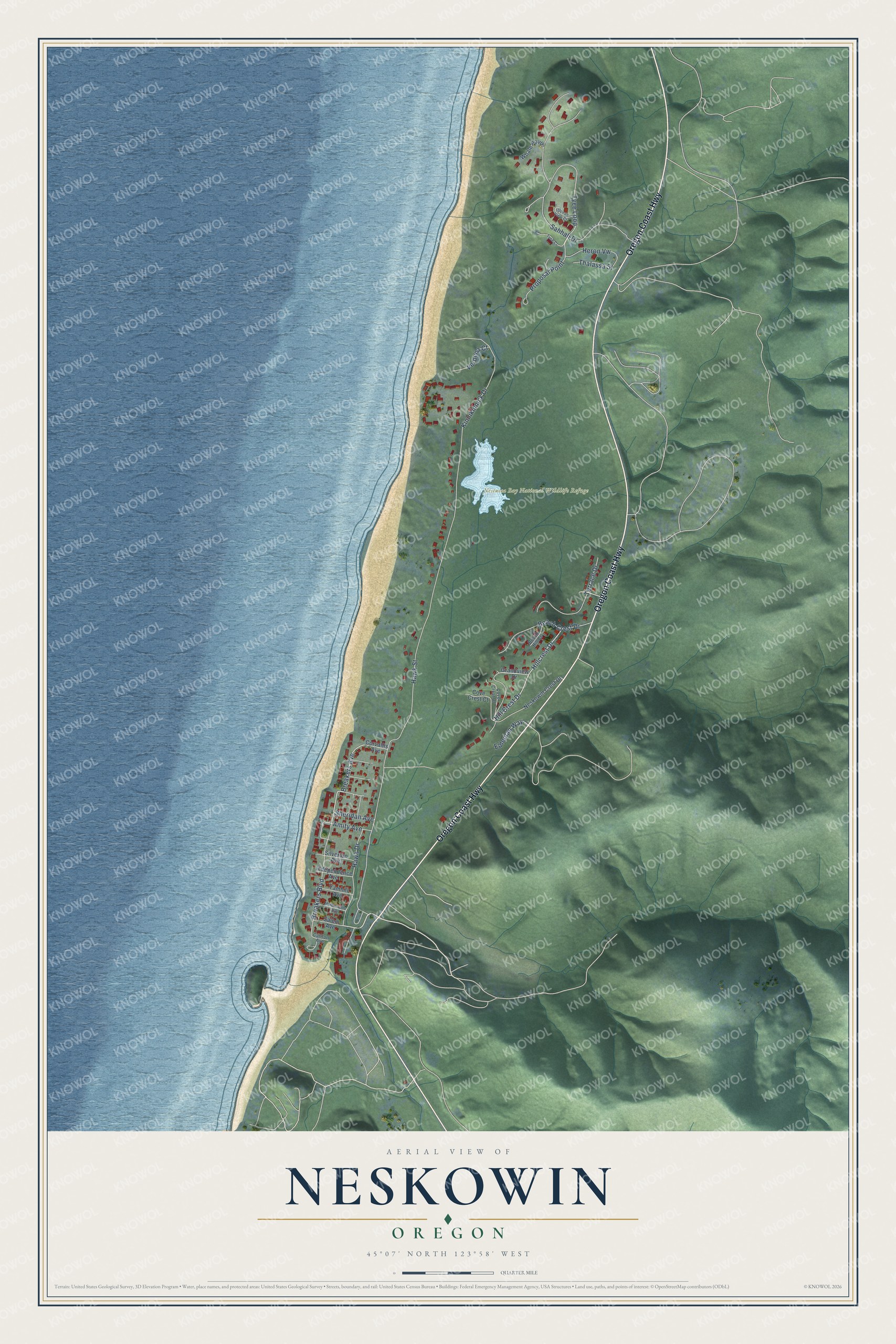 Full map of Neskowin, Oregon, with red buildings, printed street names and the land around them