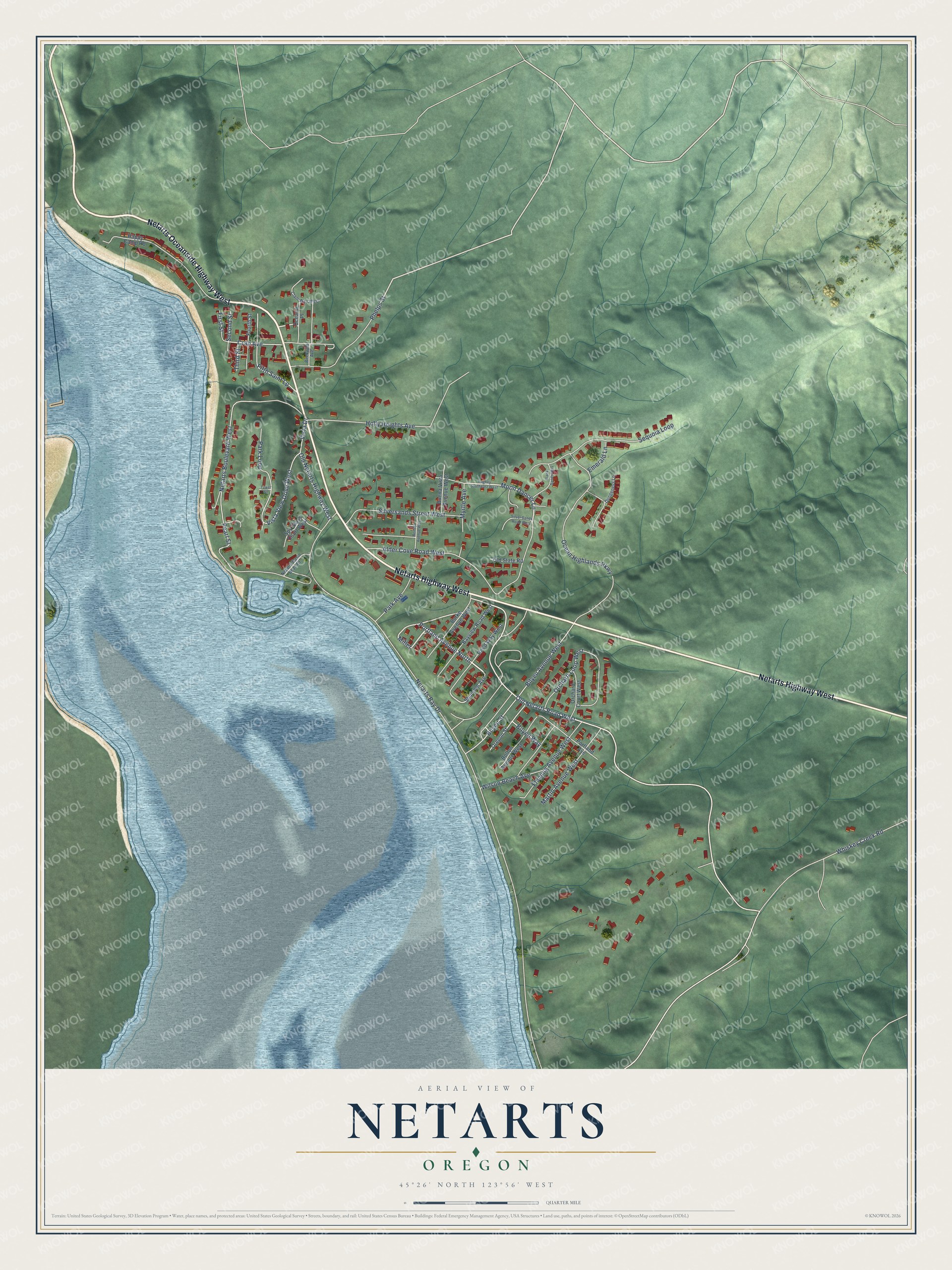 Full map of Netarts, Oregon, with red buildings, printed street names and the land around them