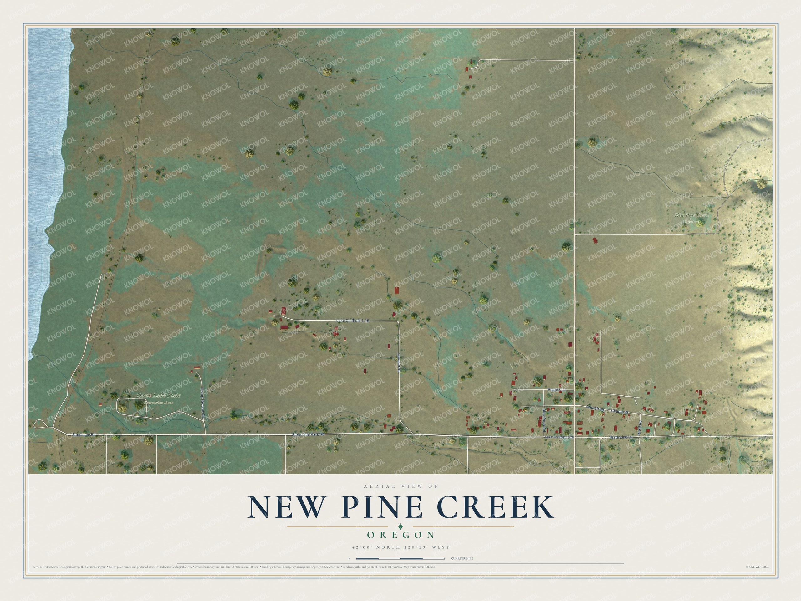 Full map of New Pine Creek, Oregon, with red buildings, printed street names and the land around them