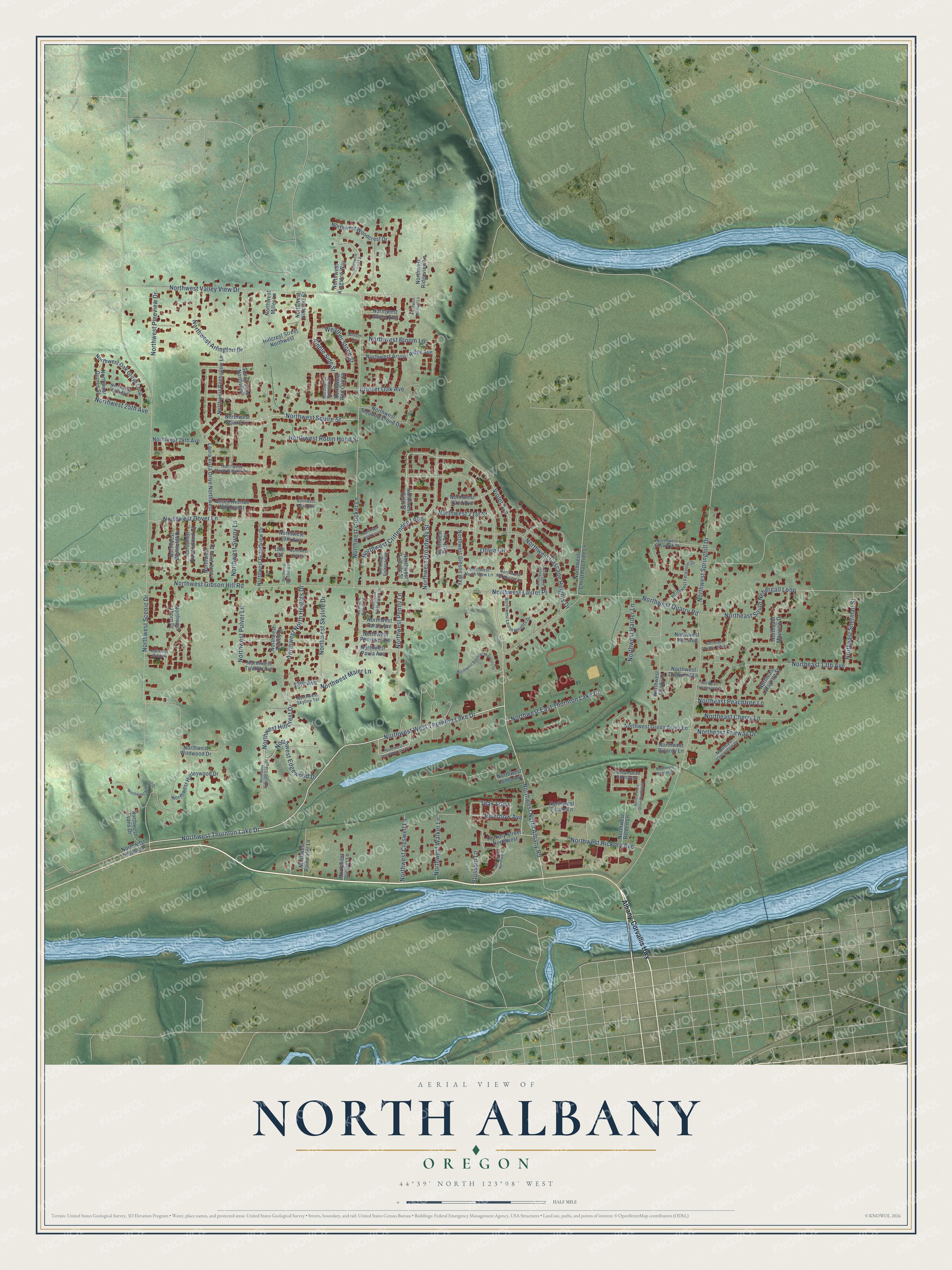 Full map of North Albany, Oregon, with red buildings, printed street names and the land around them