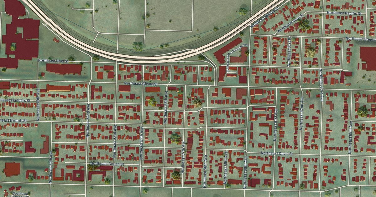 Close-up of streets and buildings in North Tabor, Oregon
