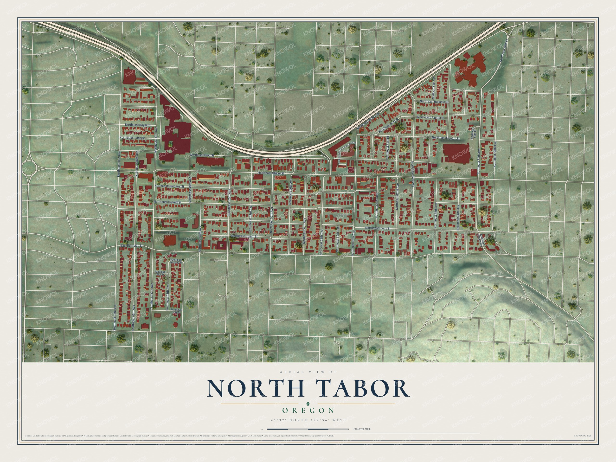 Full map of North Tabor, Oregon, with red buildings, printed street names and the land around them