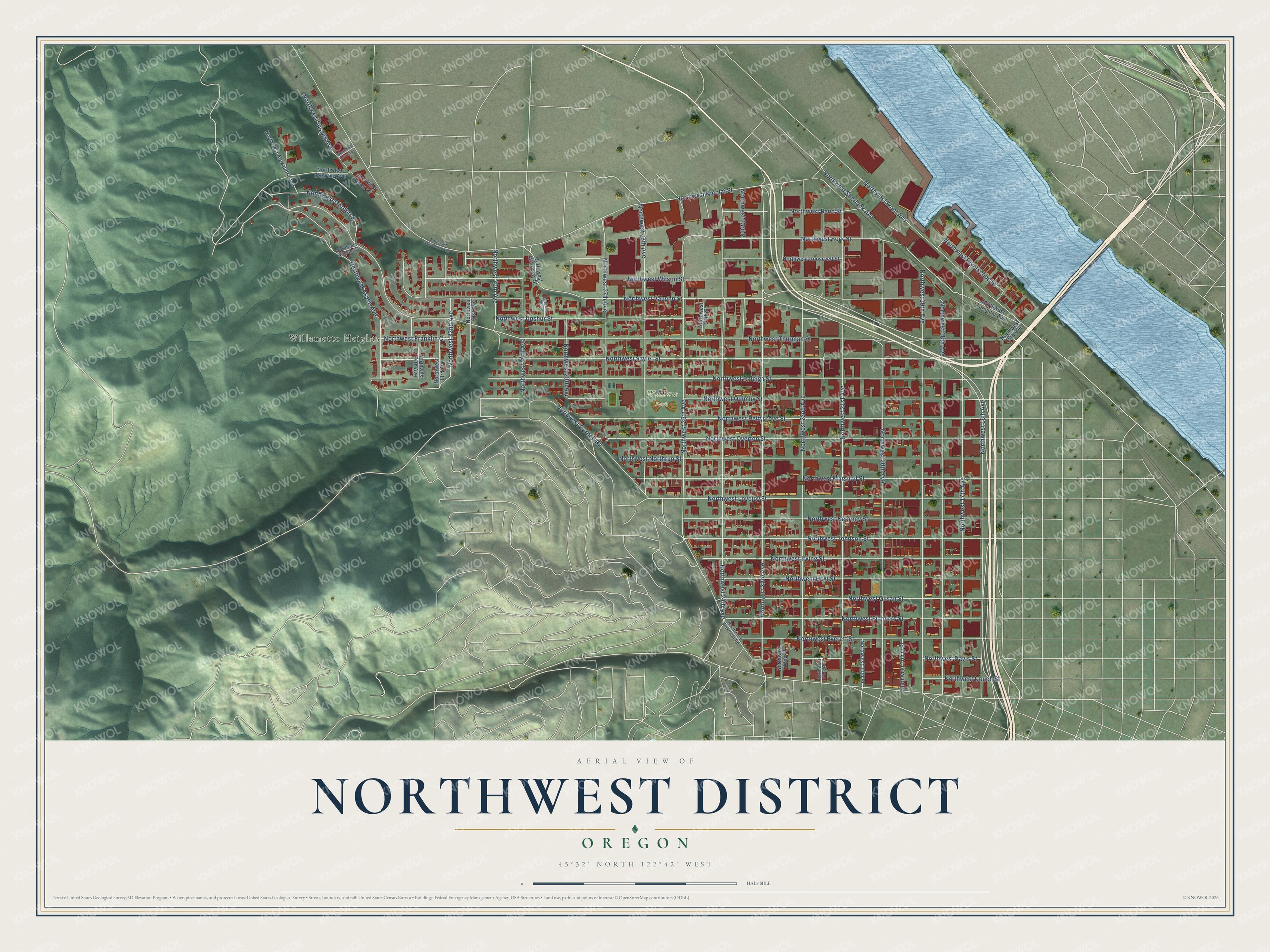 Full map of Northwest District, Oregon, with red buildings, printed street names and the land around them