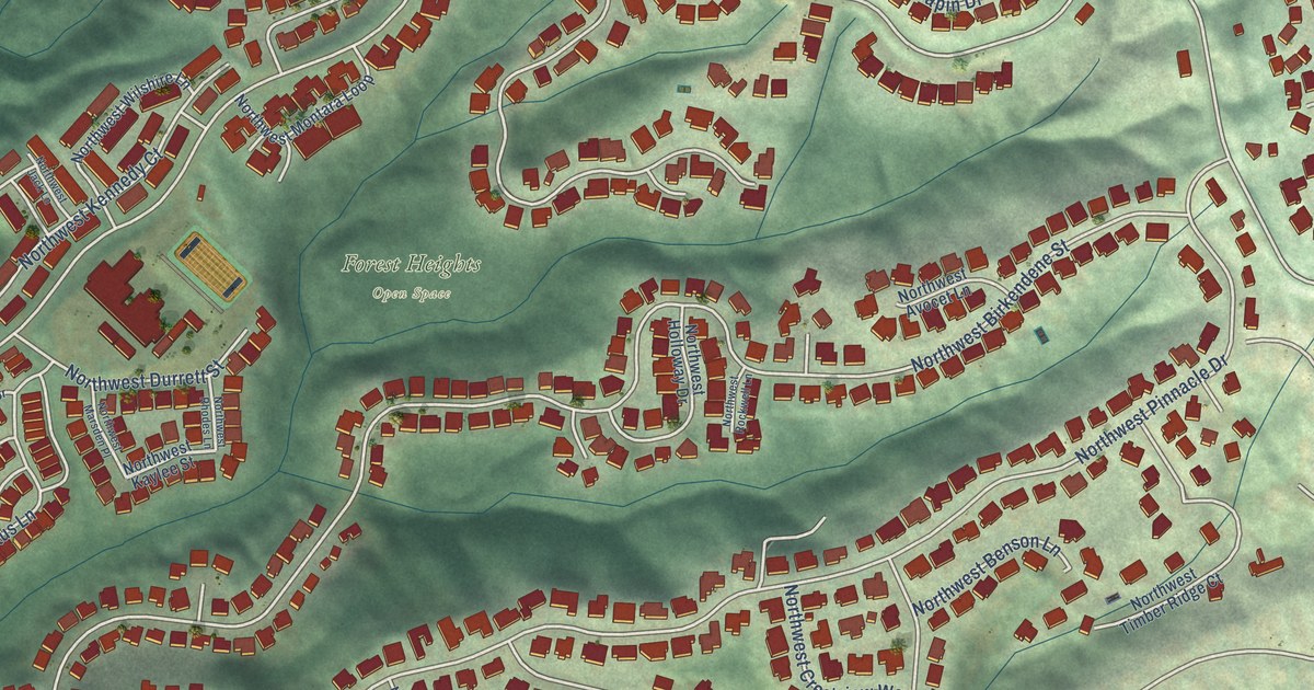 Close-up of streets and buildings in Northwest Heights, Oregon