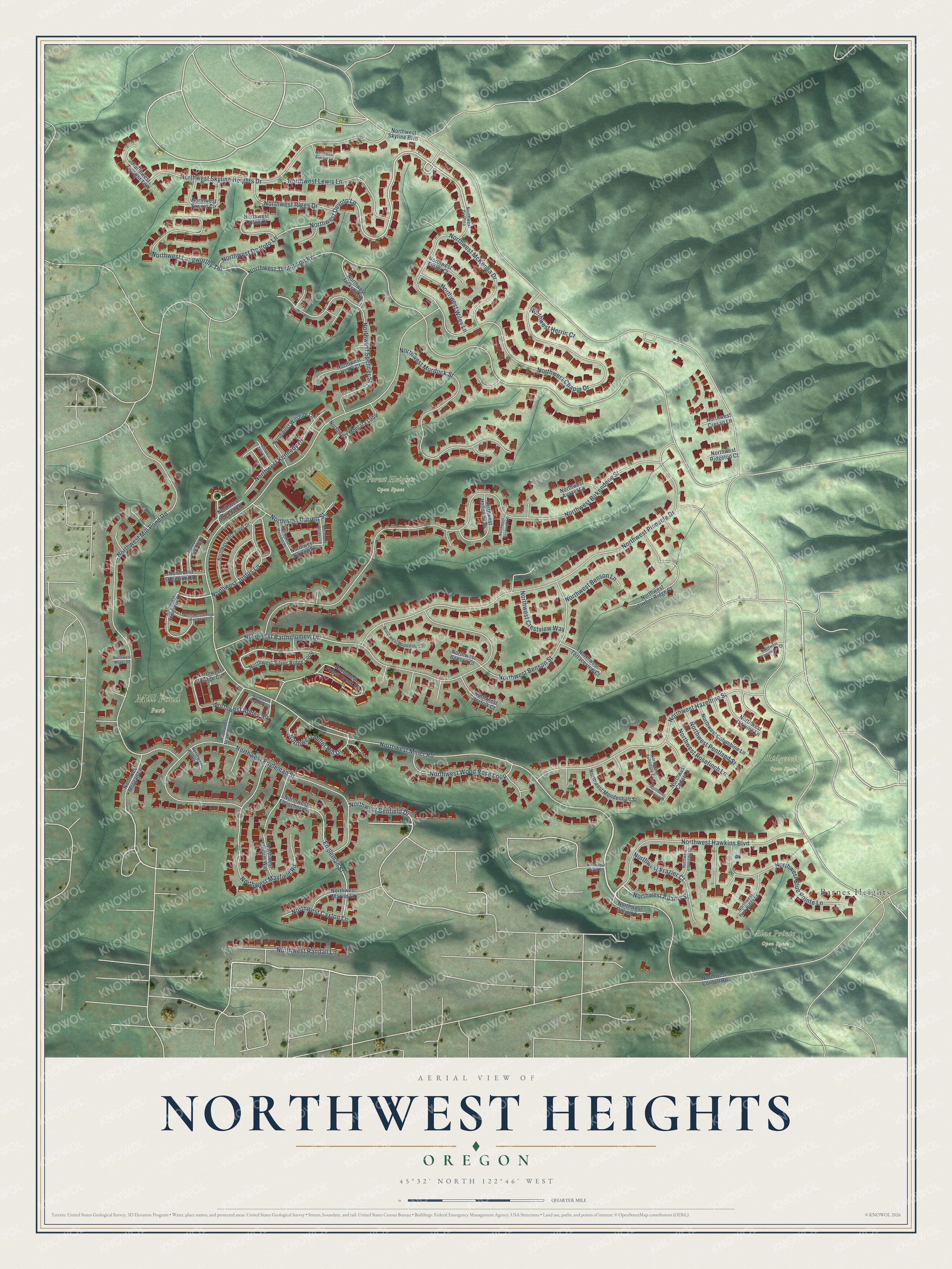 Full map of Northwest Heights, Oregon, with red buildings, printed street names and the land around them