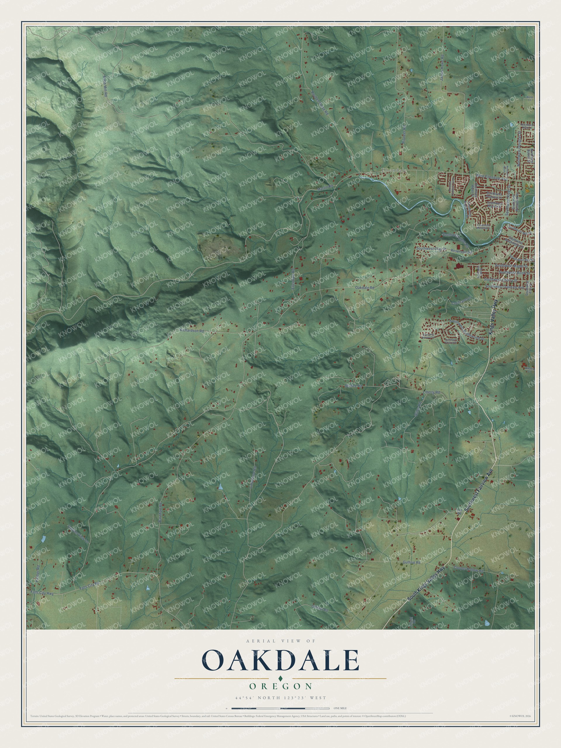 Full map of Oakdale, Oregon, with red buildings, printed street names and the land around them