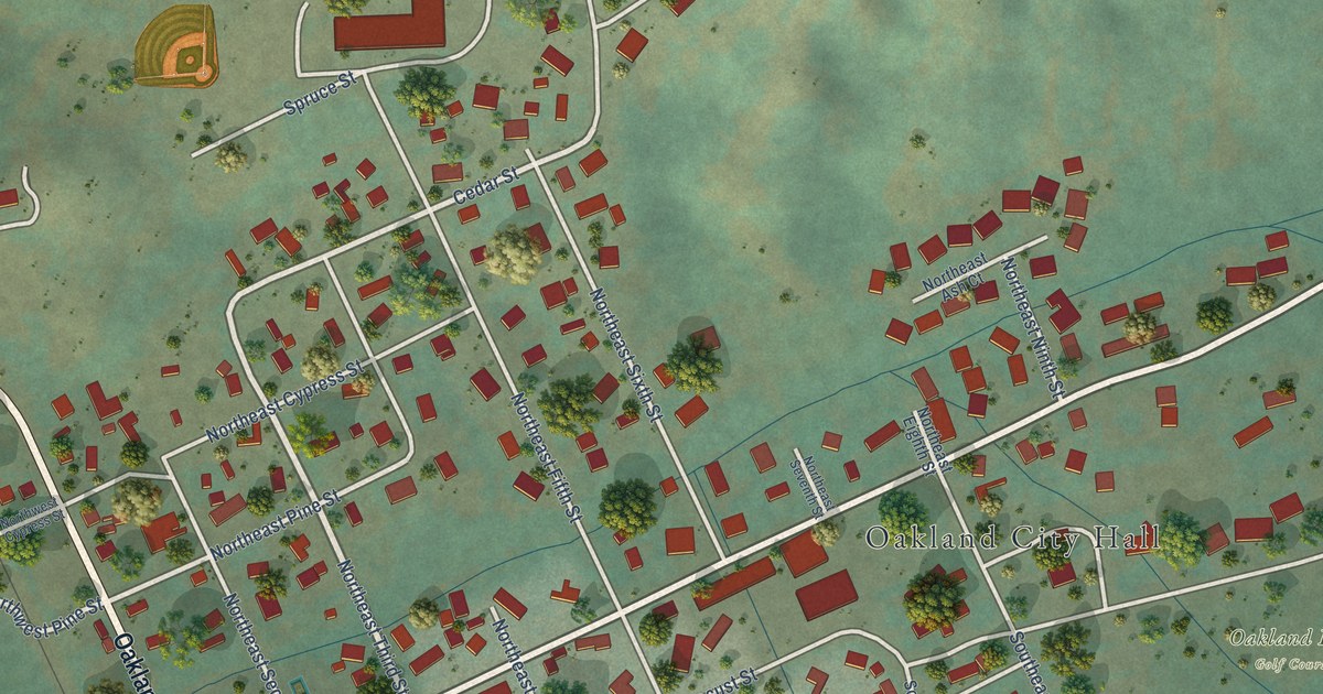 Map of Oakland, Oregon in 2026