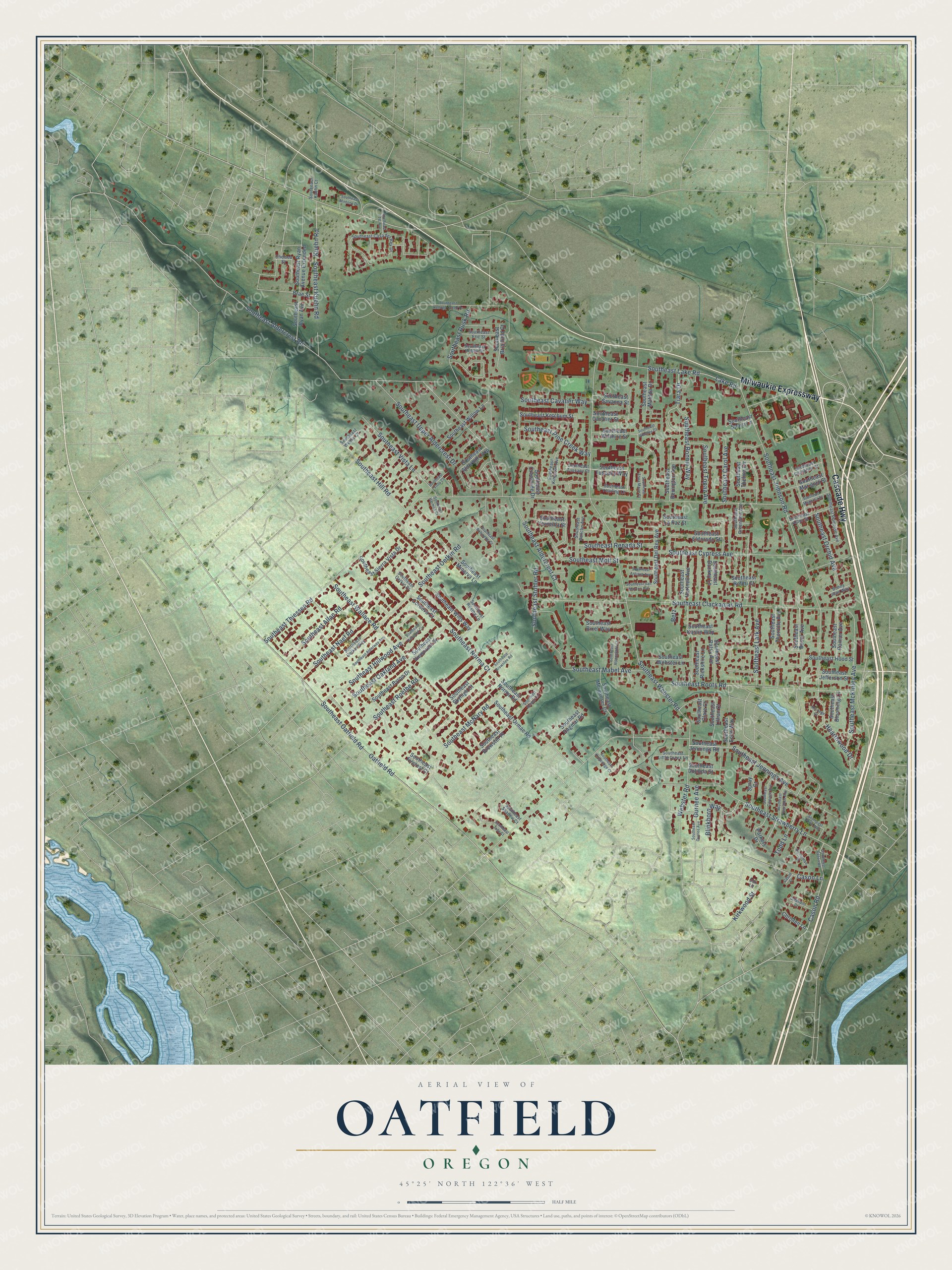 Full map of Oatfield, Oregon, with red buildings, printed street names and the land around them