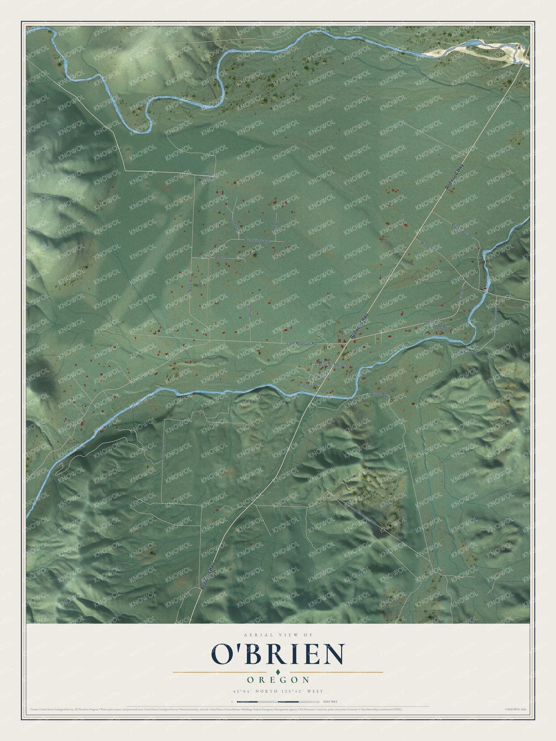 Full map of O'Brien, Oregon, with red buildings, printed street names and the land around them