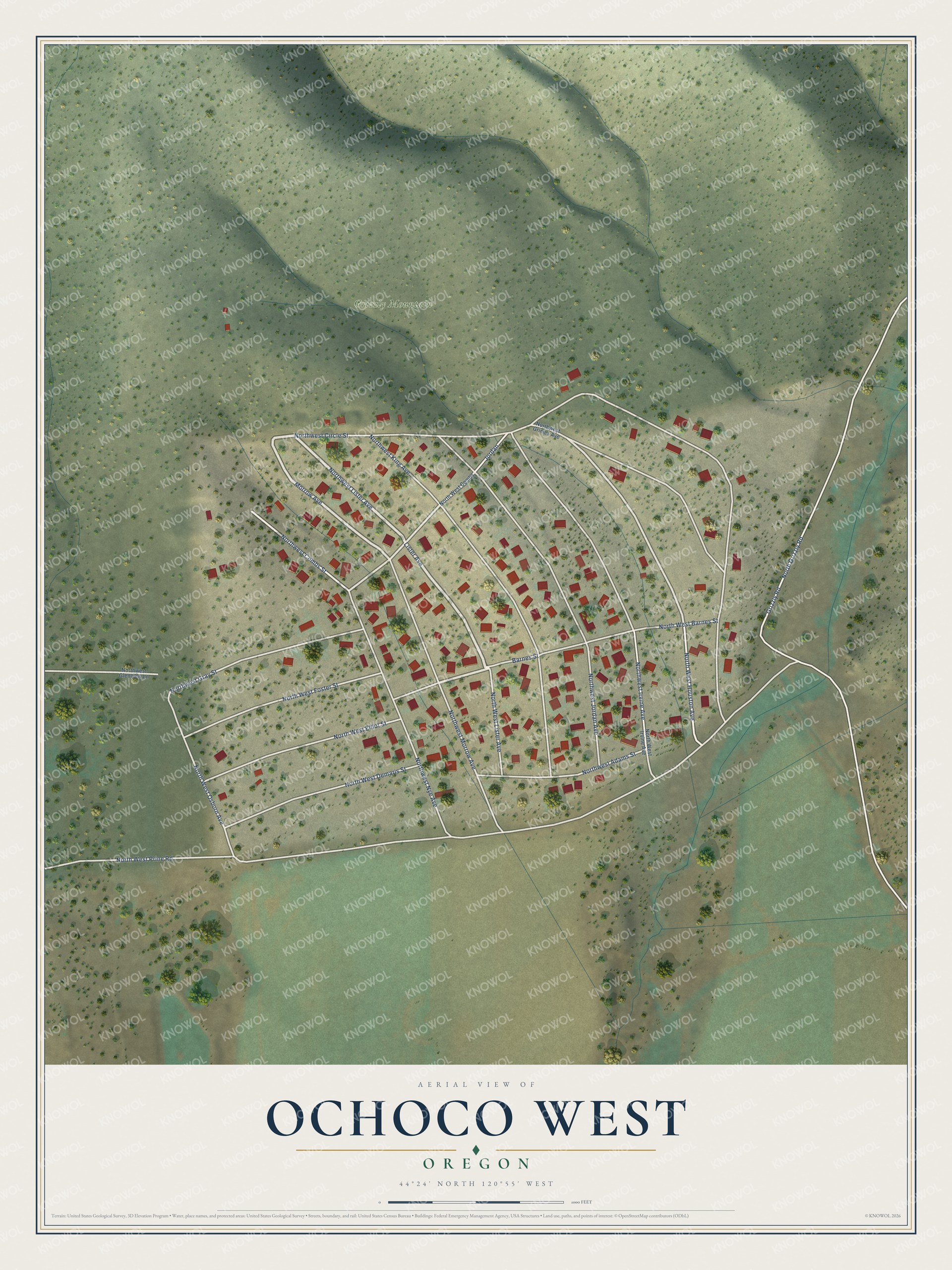 Full map of Ochoco West, Oregon, with red buildings, printed street names and the land around them