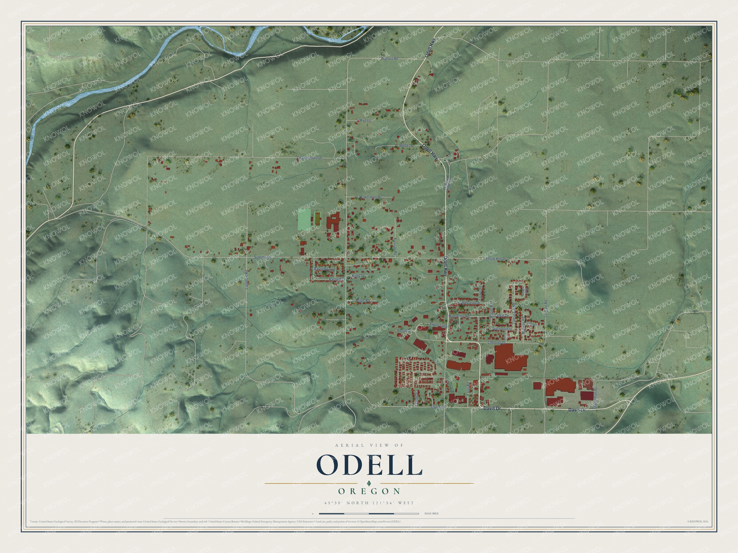 Full map of Odell, Oregon, with red buildings, printed street names and the land around them