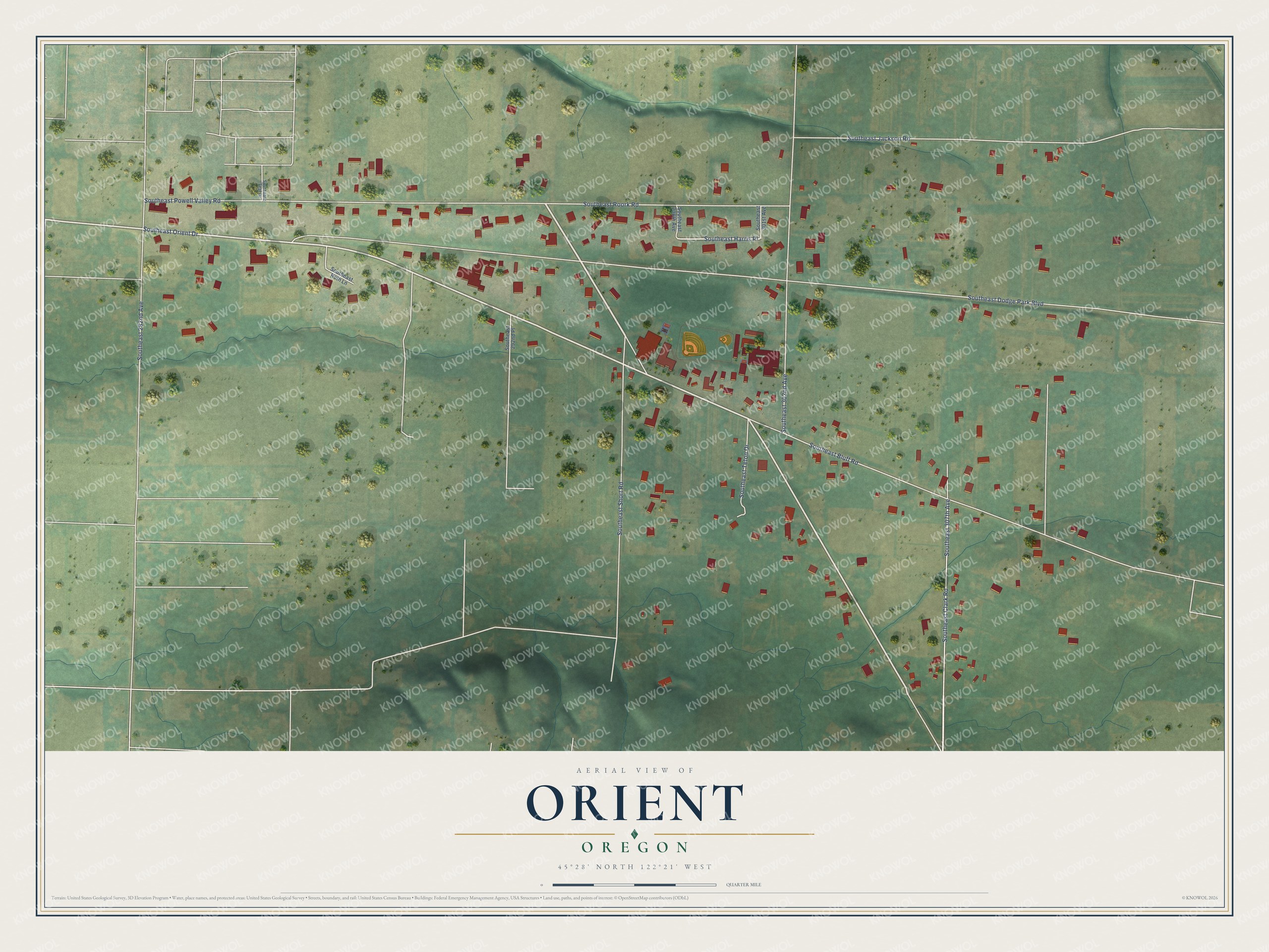 Full map of Orient, Oregon, with red buildings, printed street names and the land around them