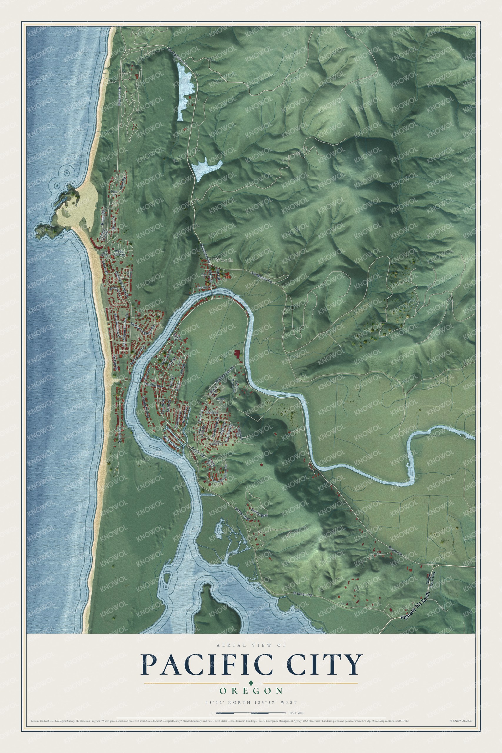 Full map of Pacific City, Oregon, with red buildings, printed street names and the land around them