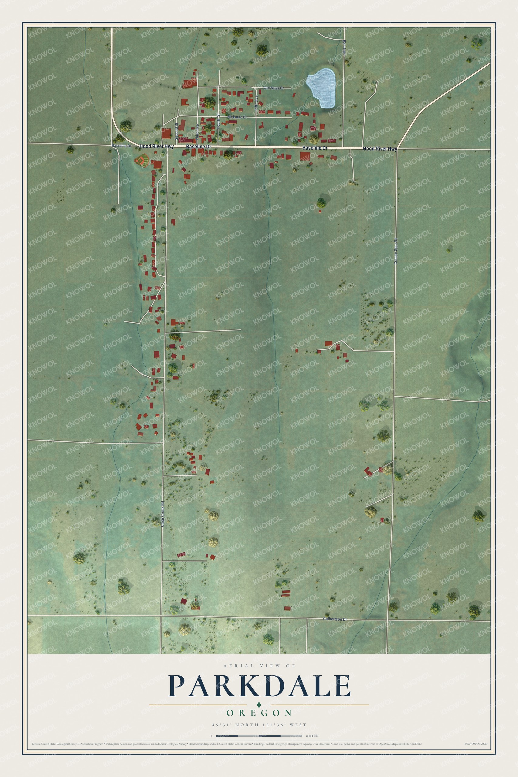 Full map of Parkdale, Oregon, with red buildings, printed street names and the land around them