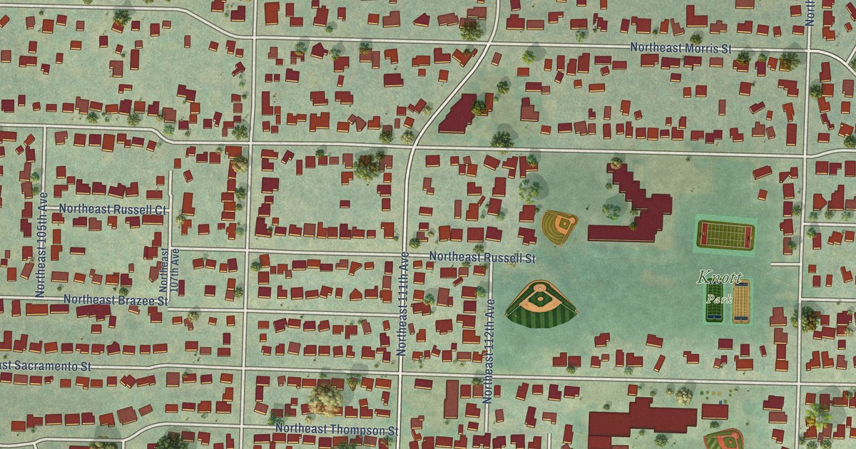Close-up of streets and buildings in Parkrose Heights, Oregon
