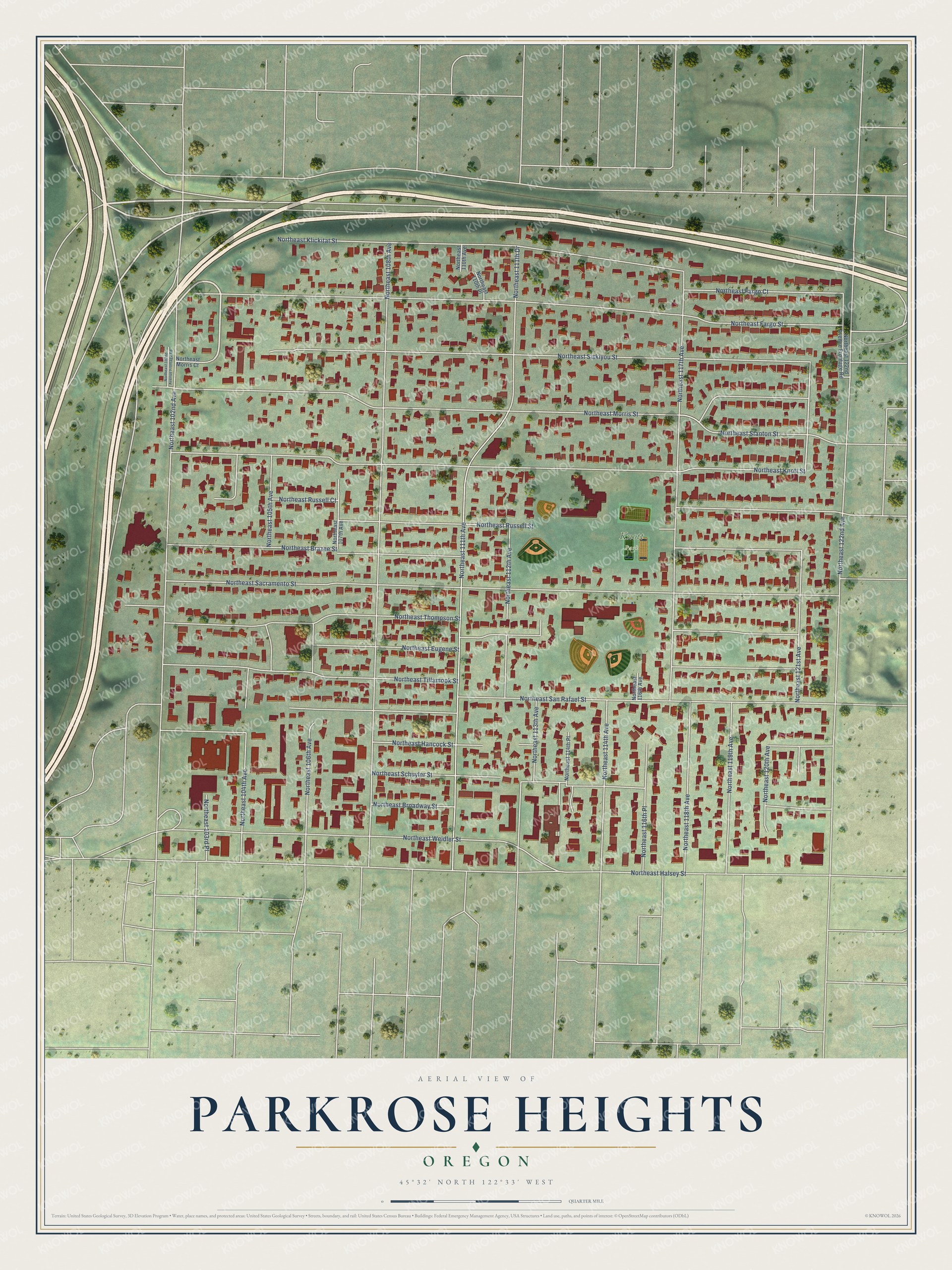 Full map of Parkrose Heights, Oregon, with red buildings, printed street names and the land around them