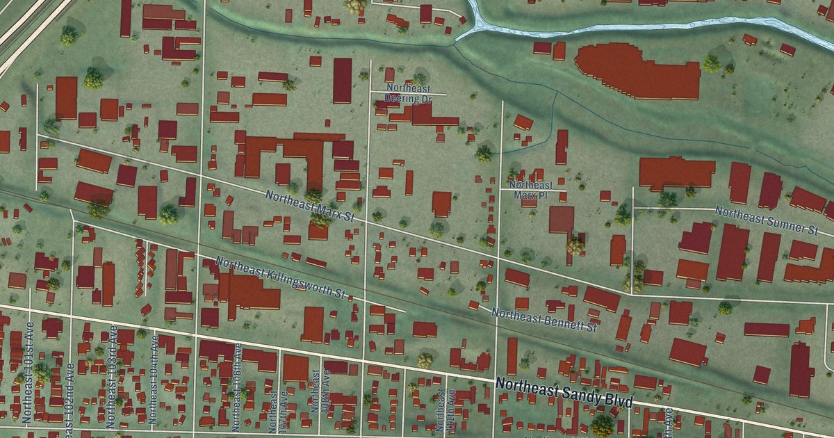 Close-up of streets and buildings in Parkrose, Oregon