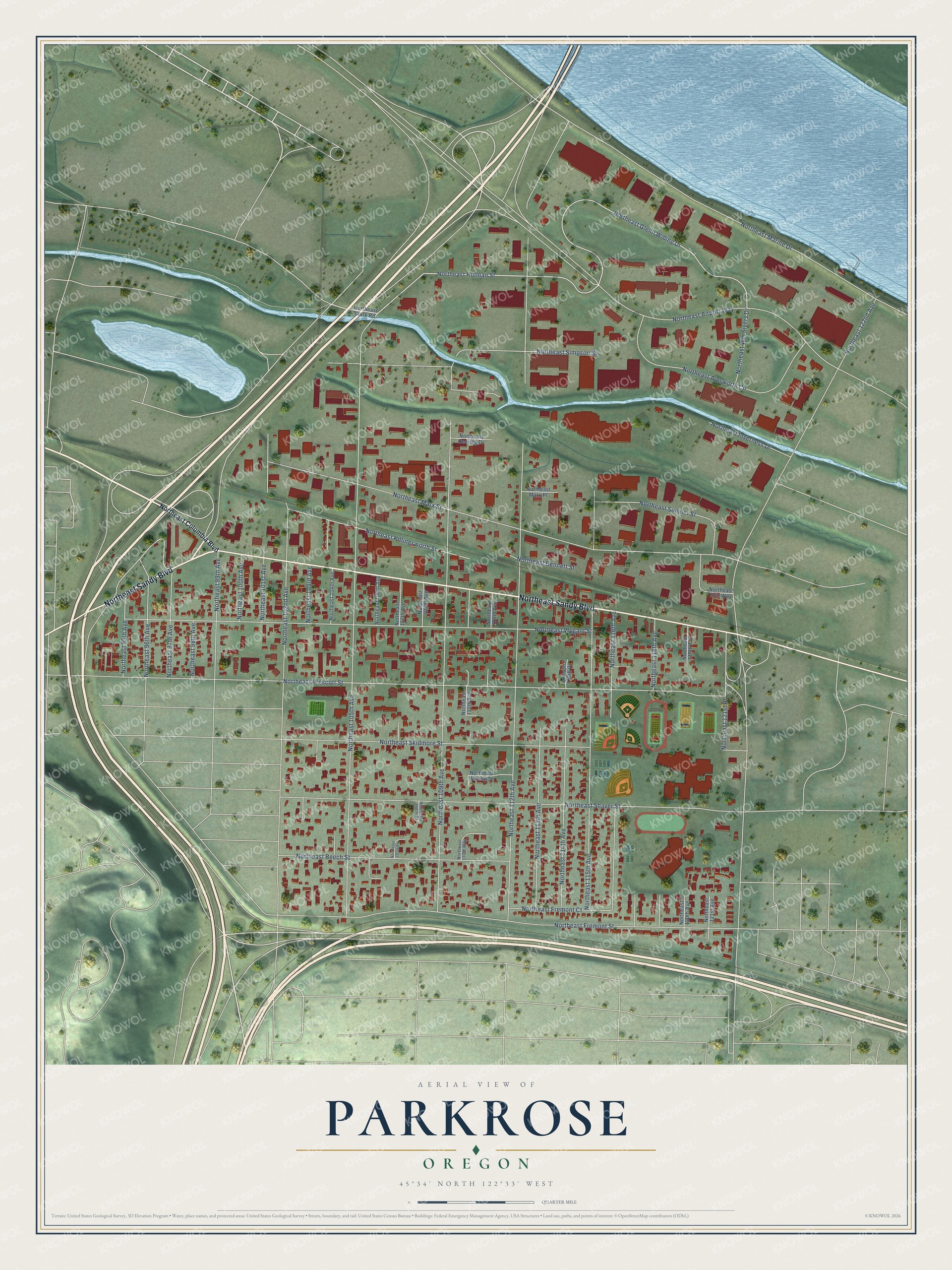 Full map of Parkrose, Oregon, with red buildings, printed street names and the land around them