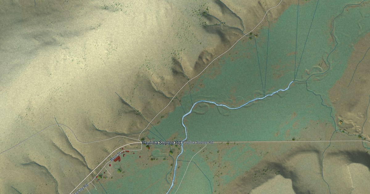 Close-up of streets and buildings in Paulina, Oregon