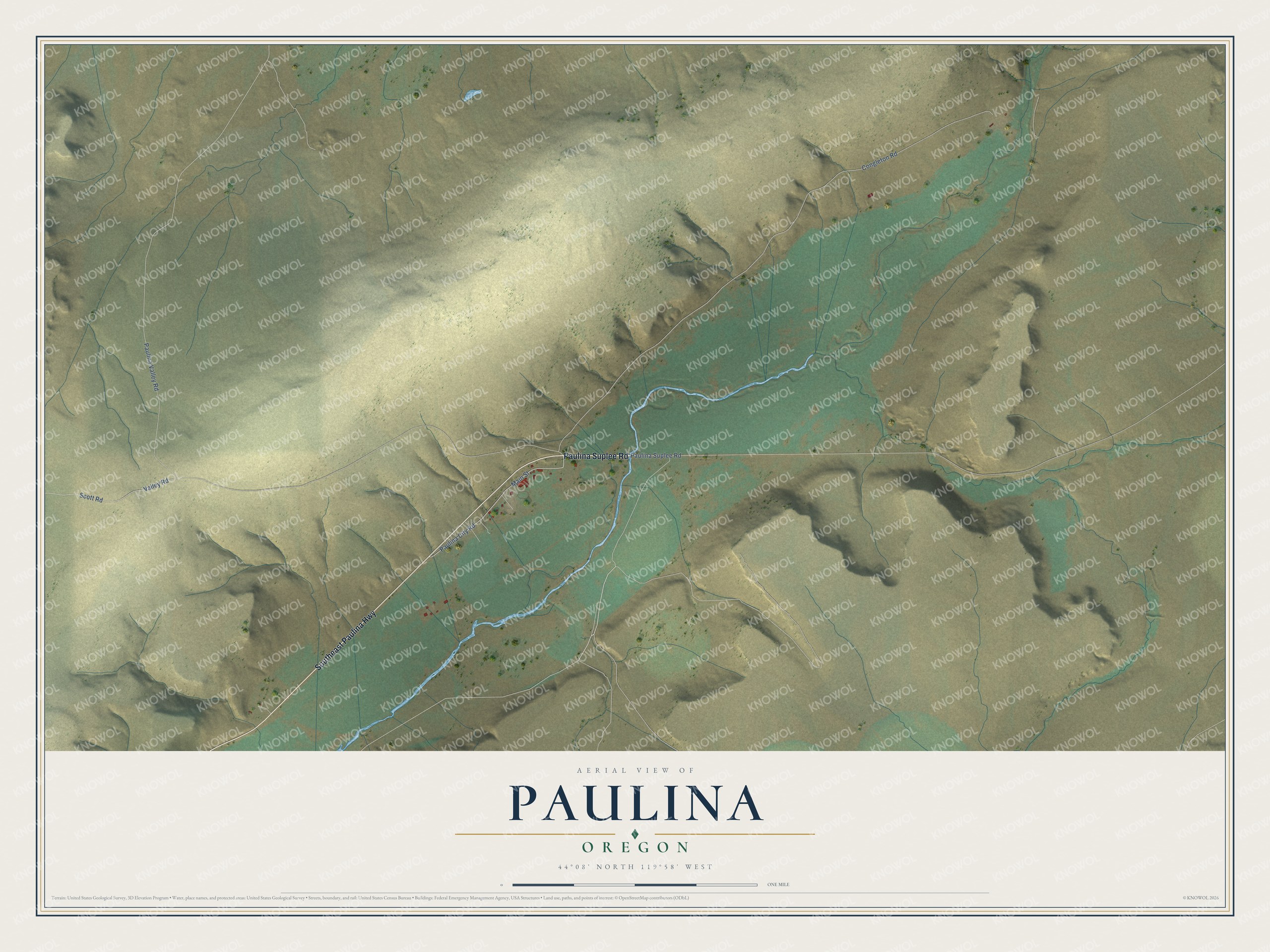 Full map of Paulina, Oregon, with red buildings, printed street names and the land around them